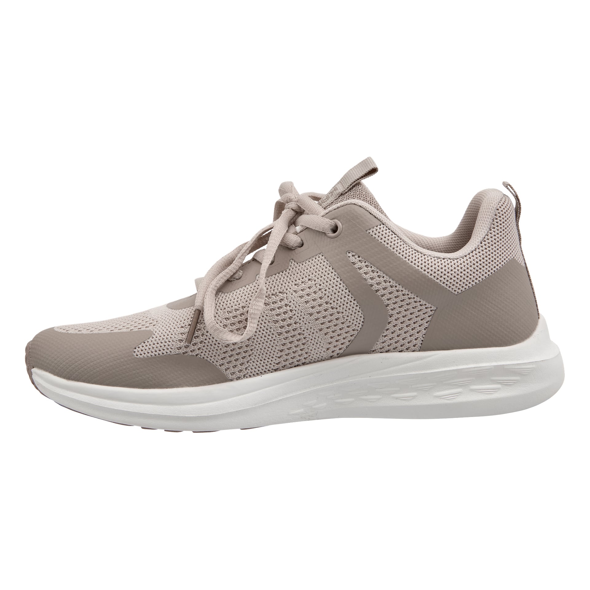 En atletisk joggesko i beige og lysebrun med mesh-overdel, lisser og en hvit teksturert såle, vist i sideprofil på hvitt.