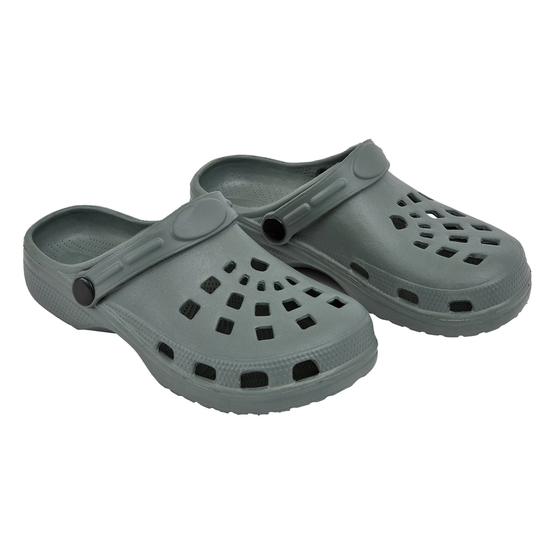 Grå slip-on träskor med ventilationshål och justerbara remmar, placerade bredvid varandra mot en vanlig vit bakgrund.