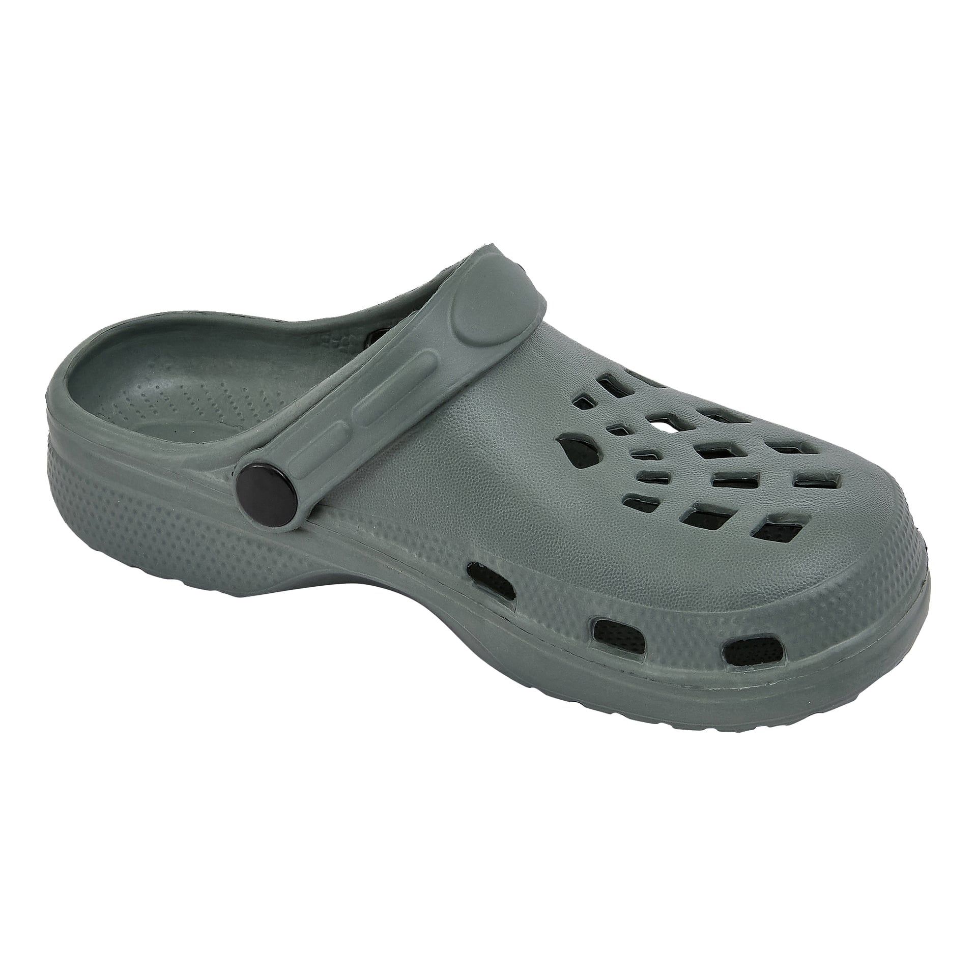 Harmaa kumimainen slip-on-puukengä, jossa on takahihna ja useita tuuletusreikiä päällä ja sivuilla.
