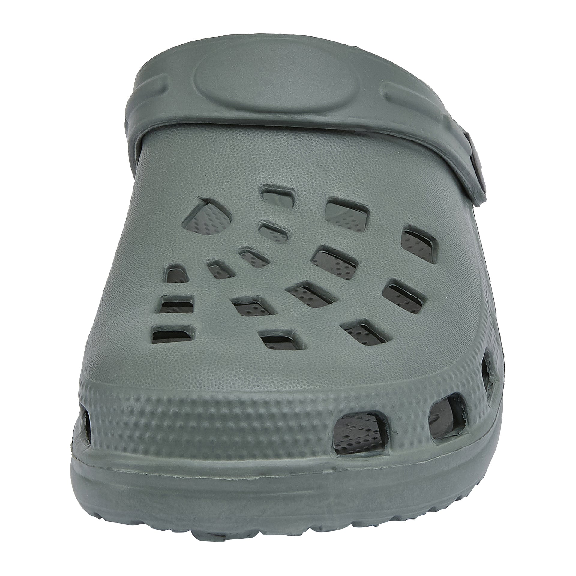 Grå slip-on träskosal sedd framifrån, med ventilationshål på sidan och toppen och en rörlig hälrem.