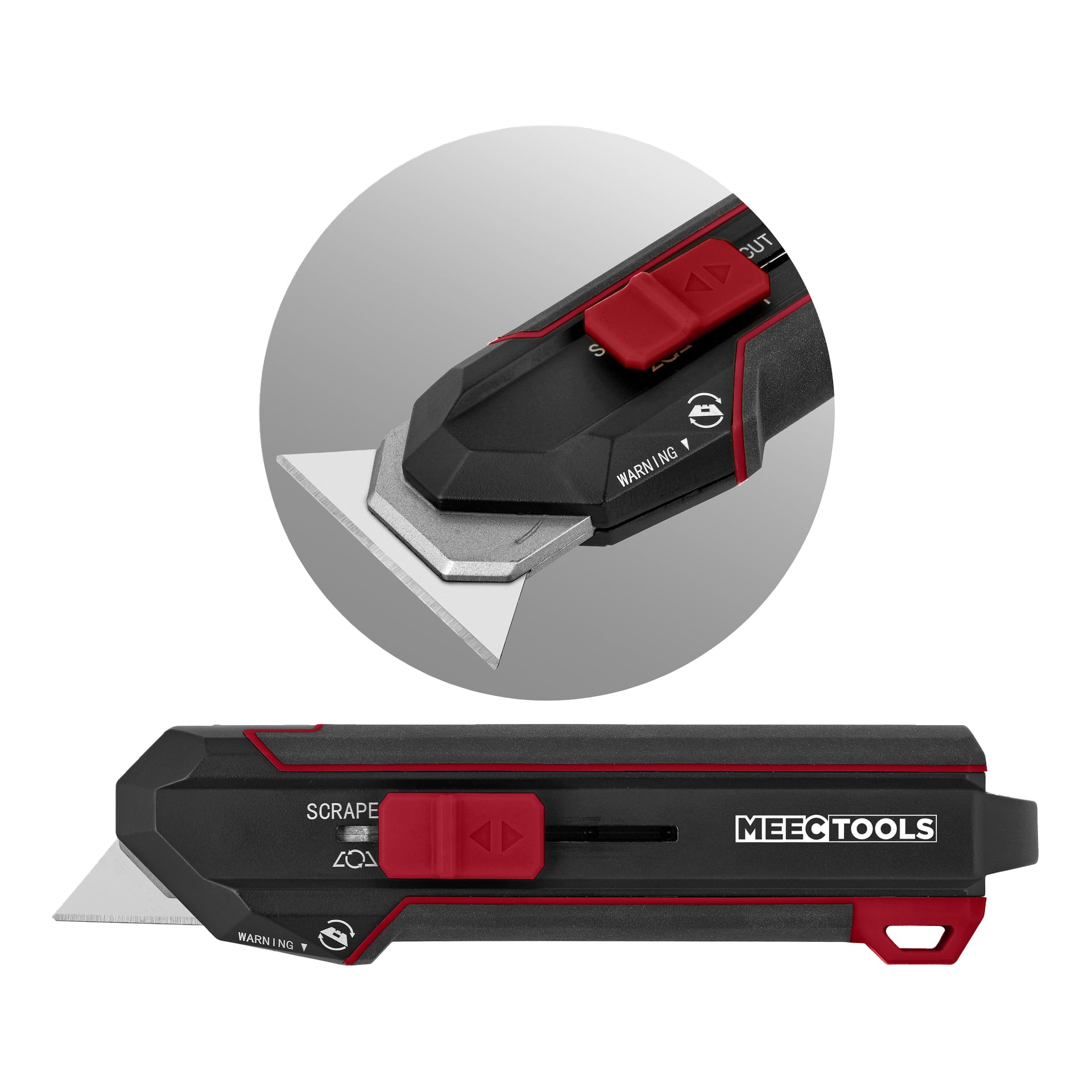 Schwarz-rotes Universalmesser mit einziehbarer Klinge, rotem Daumenschieber und MEEC TOOLS-Logo, Seitenansicht und Nahaufnahme der Klinge auf grauem Kreis.