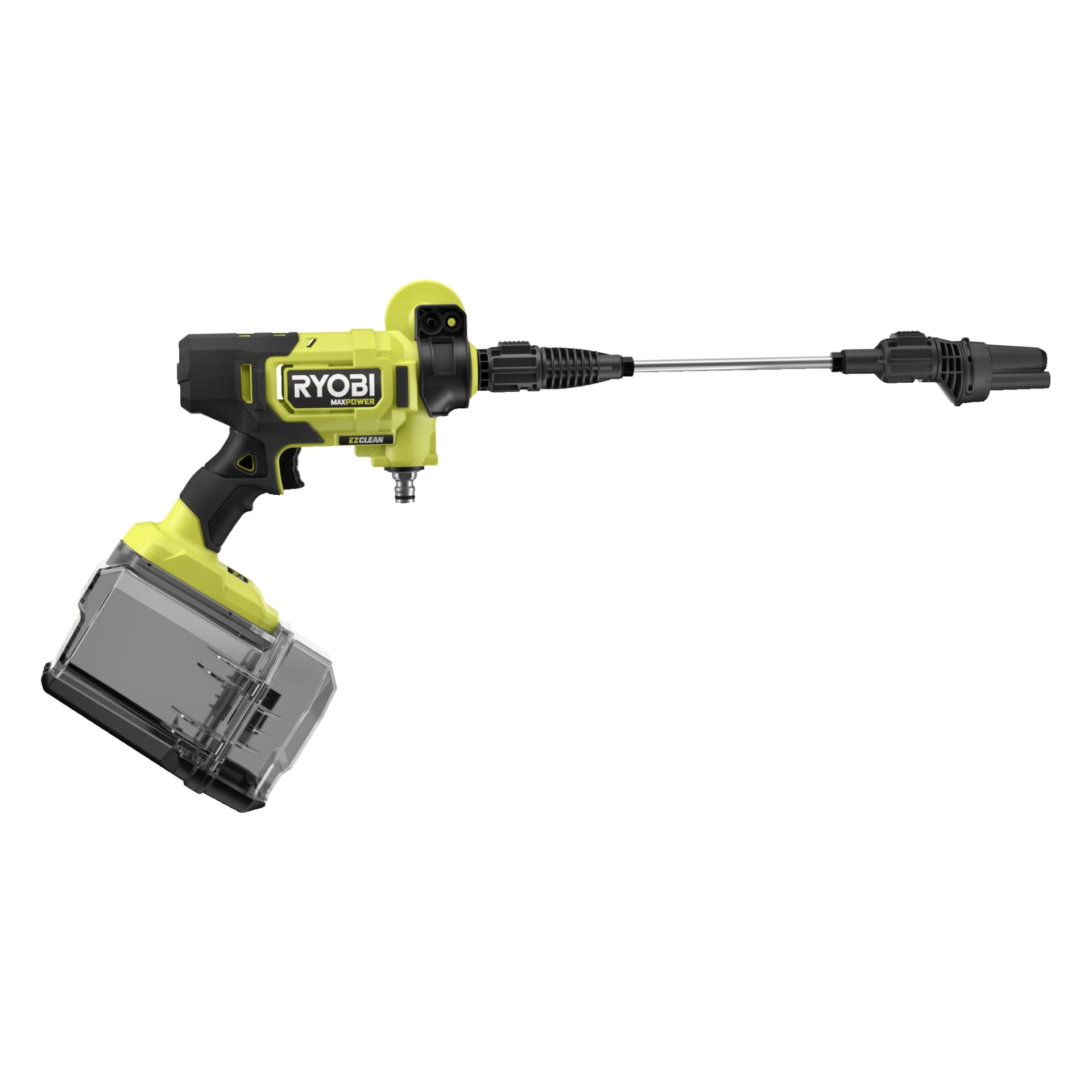 Ryobi sladdlös dammsugare med gult och svart hölje, genomskinlig grundvattentank, långt svart munstycke och Ryobi-logotyp på sidan.