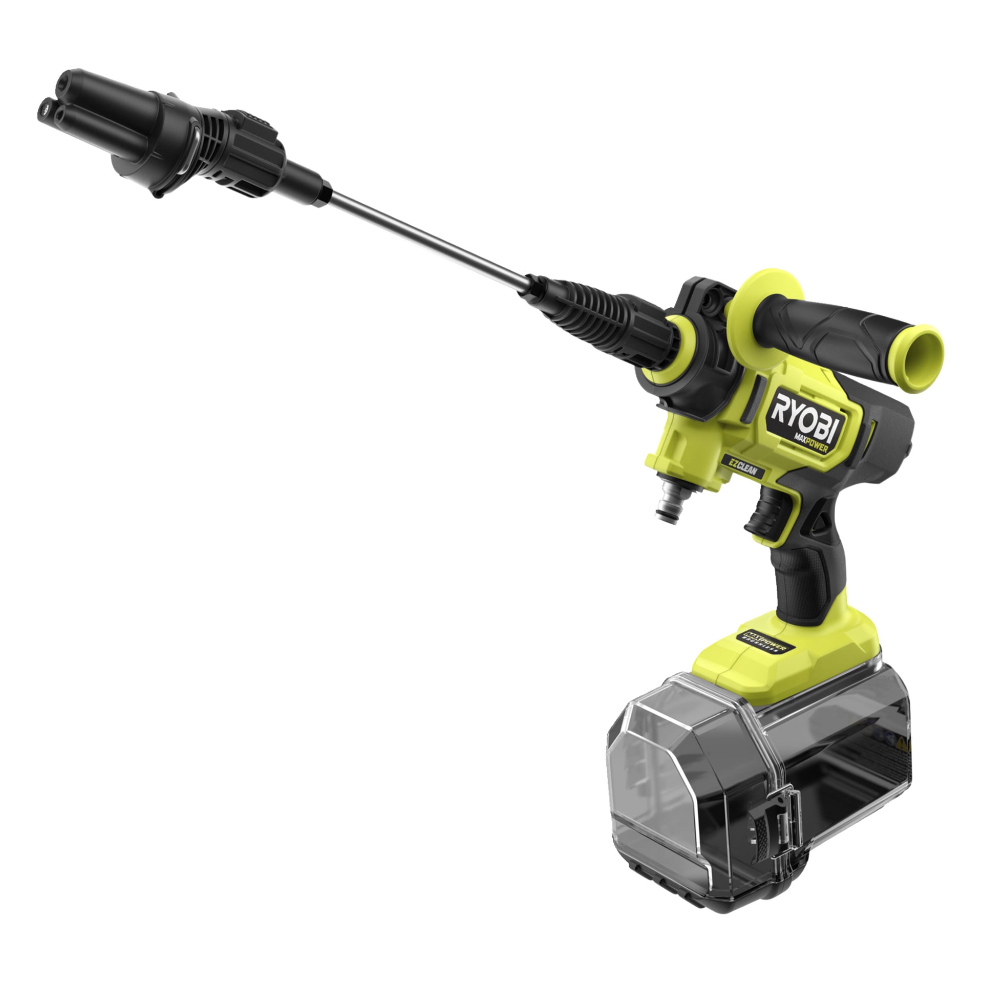 En Ryobi sladdlös tvättmaskin, svart och gul, med ett långt munstycke, klarvattentank i botten och Ryobi-logotypen på sidan.