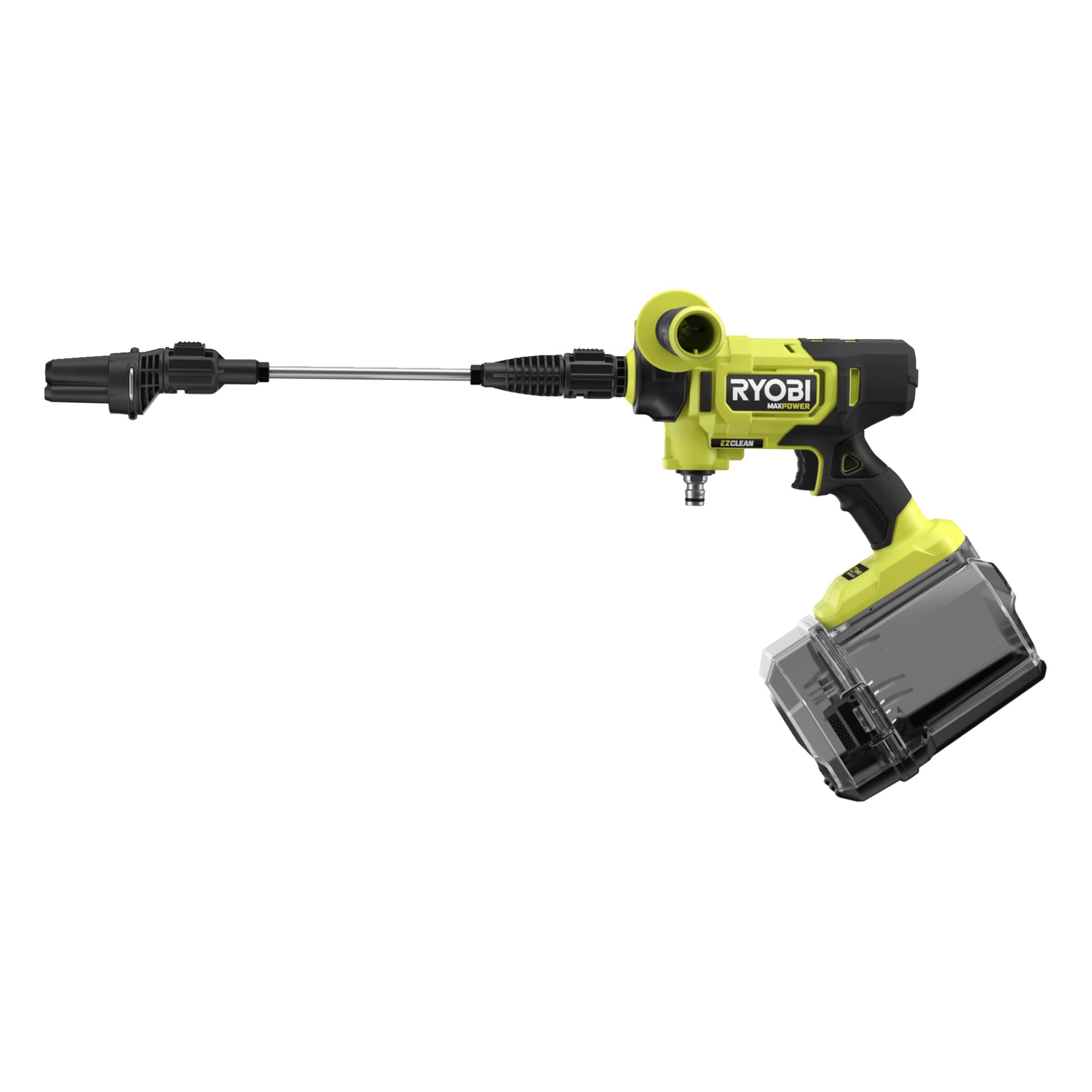 En sladdlös Ryobi tvättmaskin med svart och grön design, långt munstycke, klarvattentank vid basen och synlig logotyp på sidan.