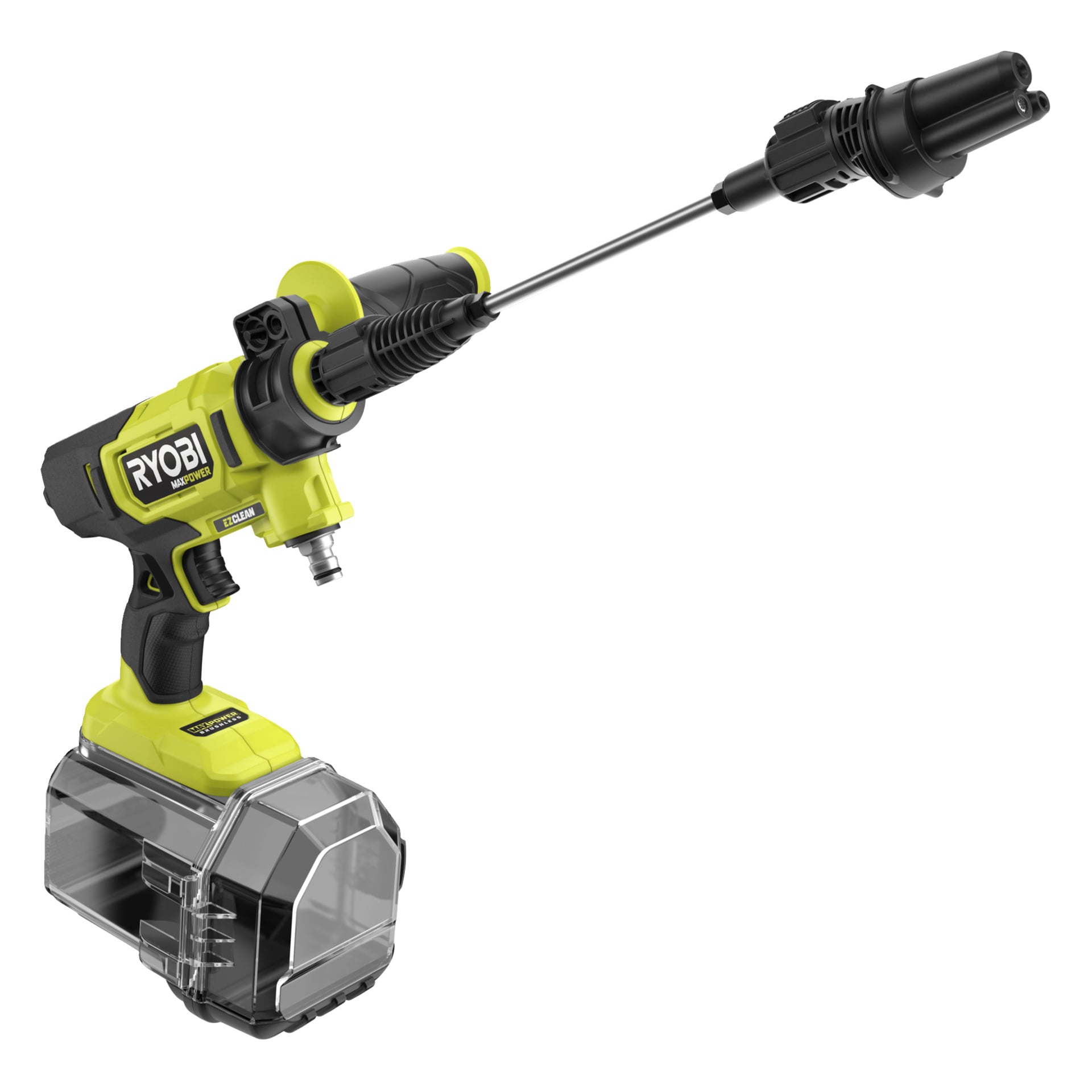 Ryobi sladdlös tvättmaskin med gult och svart handtag, förlängt munstycke och klar vattenbehållare, placerad på en vit bakgrund.