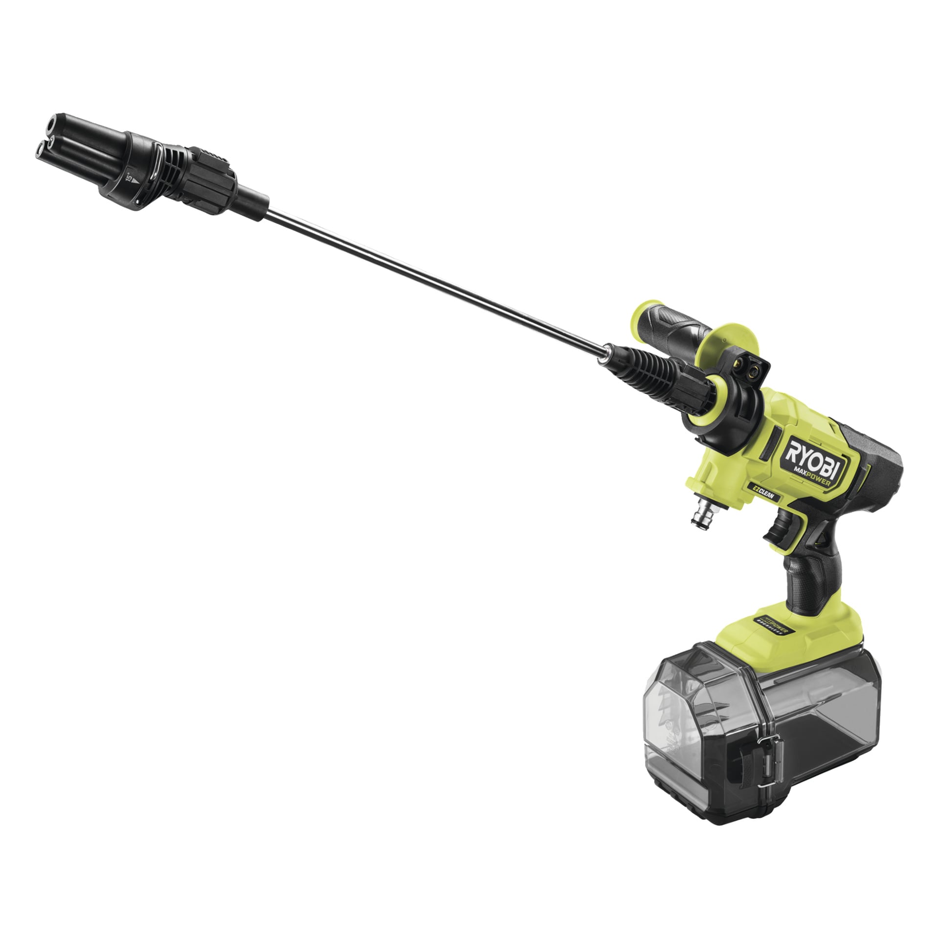 Ryobi sladdlös rengöringsmedel med en lång spraystav, svart och grön design, avtryckarhandtag och avtagbar vattentank vid basen.