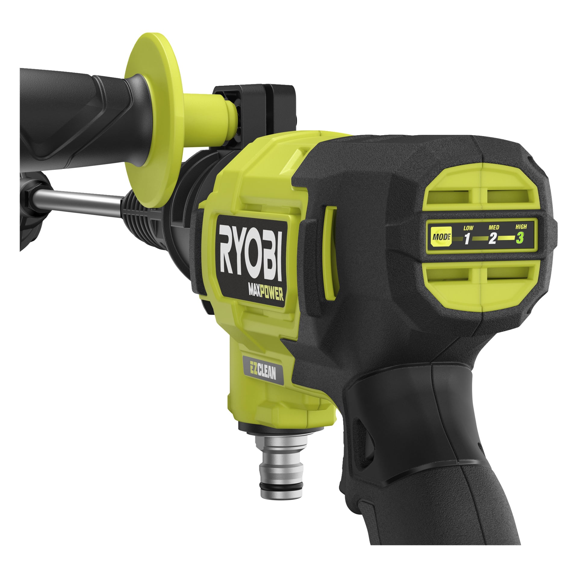 Detaljerad bild av ett Ryobi MaxPower-verktyg, med ett svart-gult handtag, lägesväljare för låg/medium/hög och RYOBI-märke.
