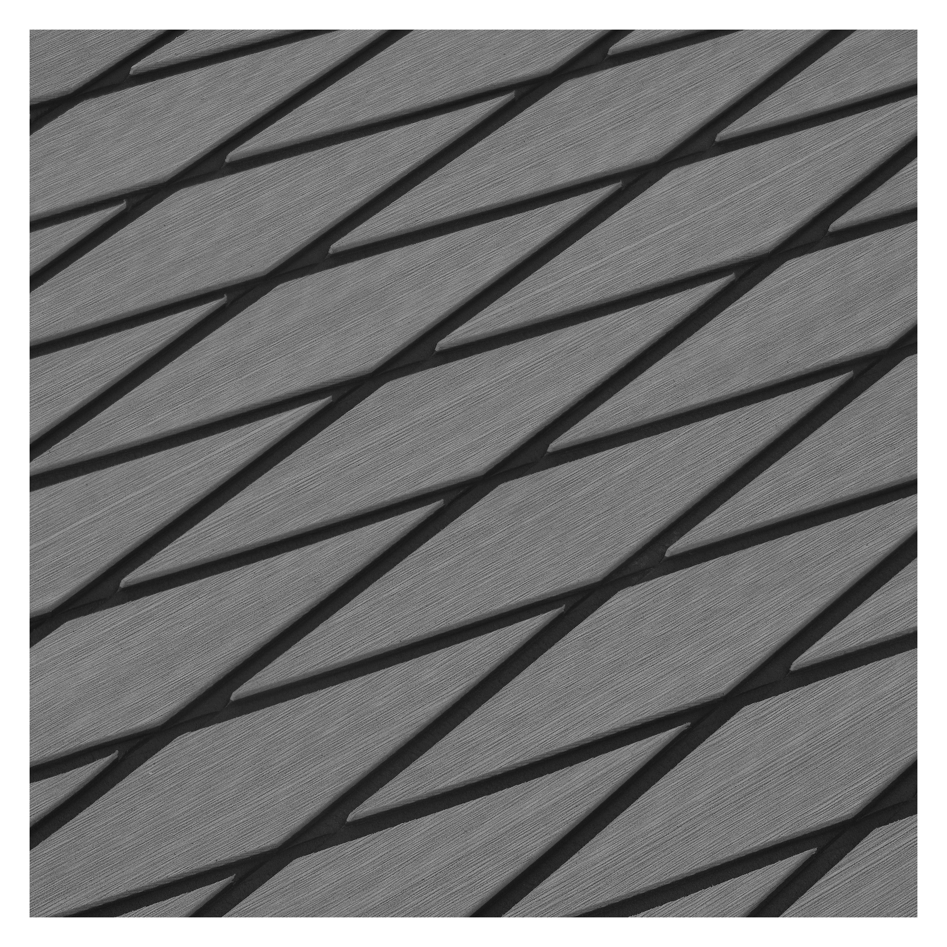 Detaljerad närbild av texturerade diamantplattor, diagonalt justerade i parallella rader, som bildar ett upprepande mönster i gråskaletoner.