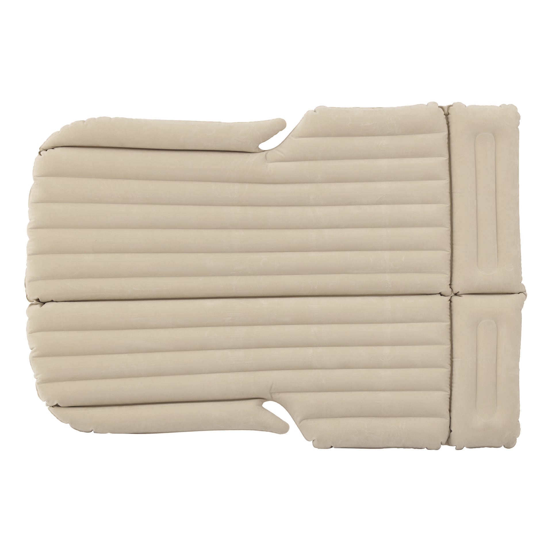 Beige oppblåsbar madrass, dobbeltlags, med to innebygde puteområder og sidekonturer, sett ovenfra på hvitt.