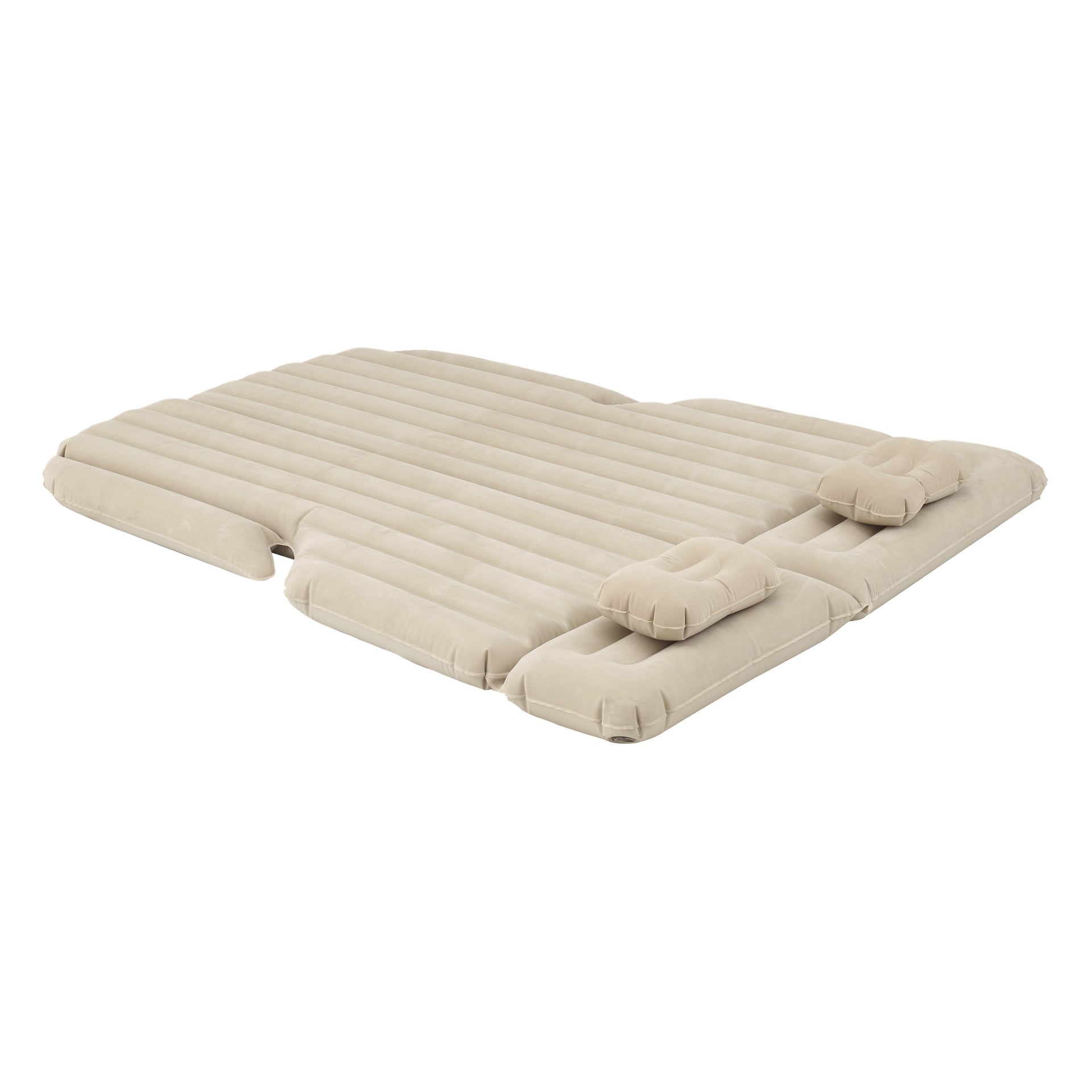 Fullt oppblåst beige med to festede oppblåsbare puter og en strukturert overflate, vist på hvit bakgrunn.
