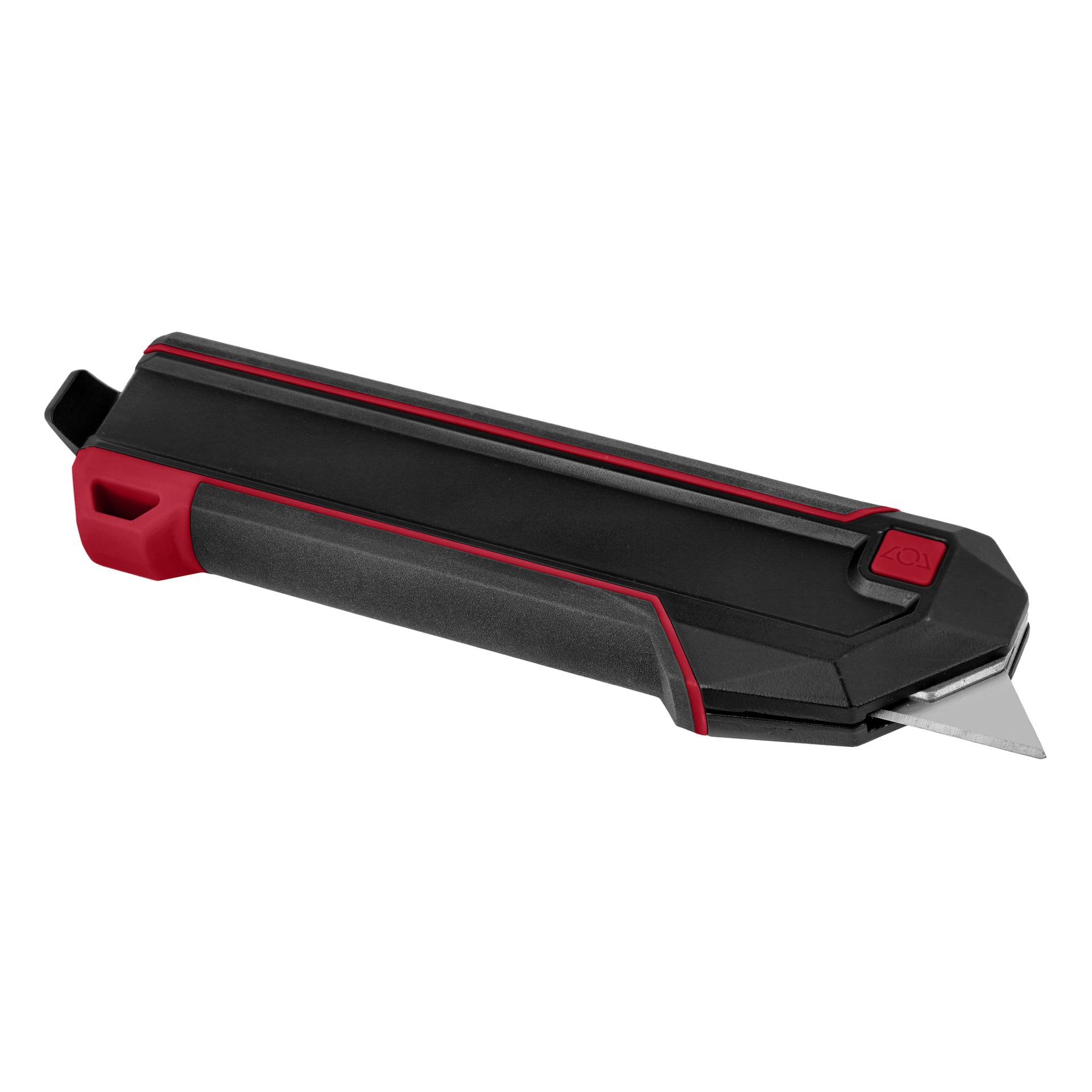Schwarz-rotes Universalmesser mit verlängerter einziehbarer Klinge, strukturiertem Griff und einem Knopf neben der Klinge zur Verfügung.