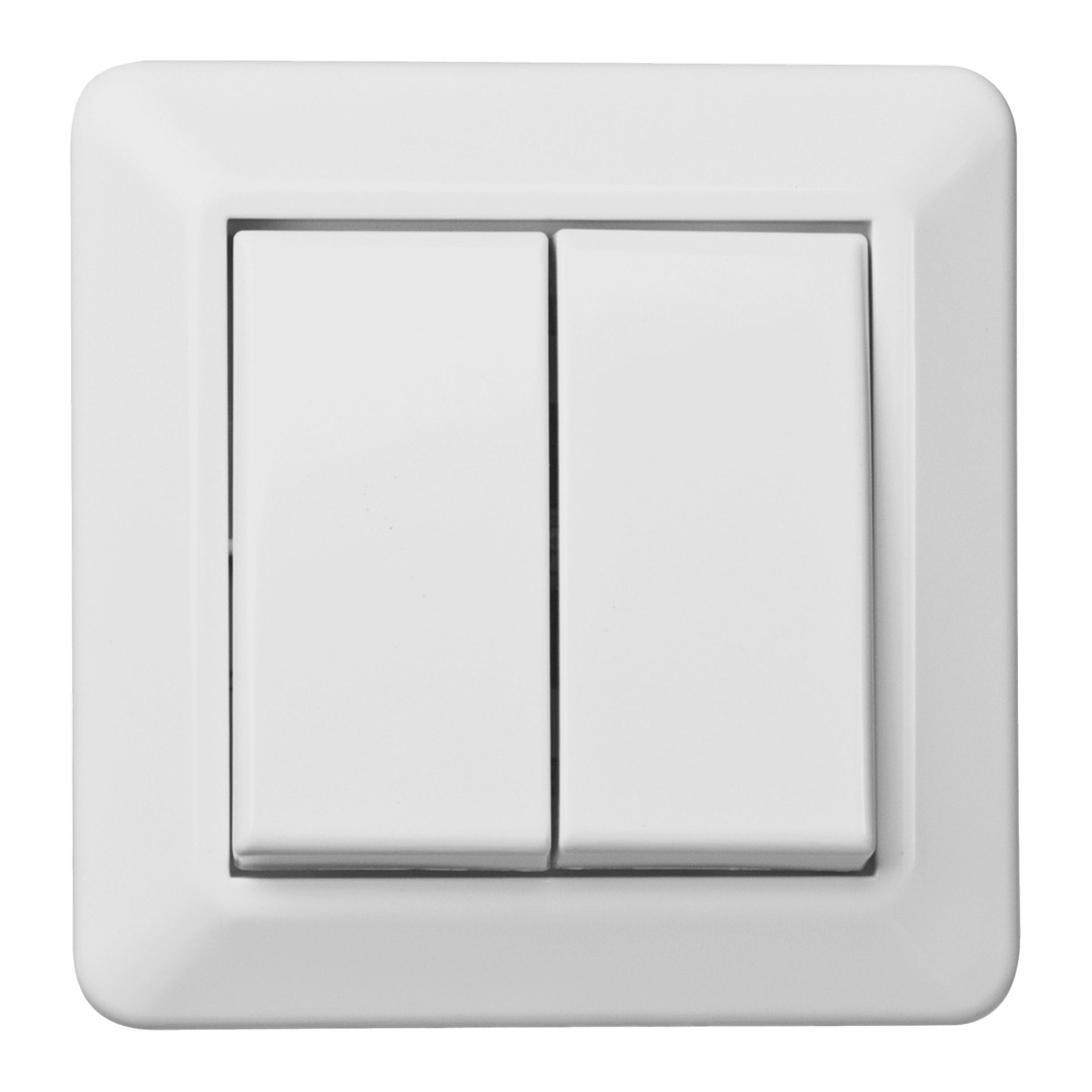 En hvit dobbel lysbryter med to vippeknapper side om side på en firkantet plate, sett forfra mot en vanlig bakgrunn.