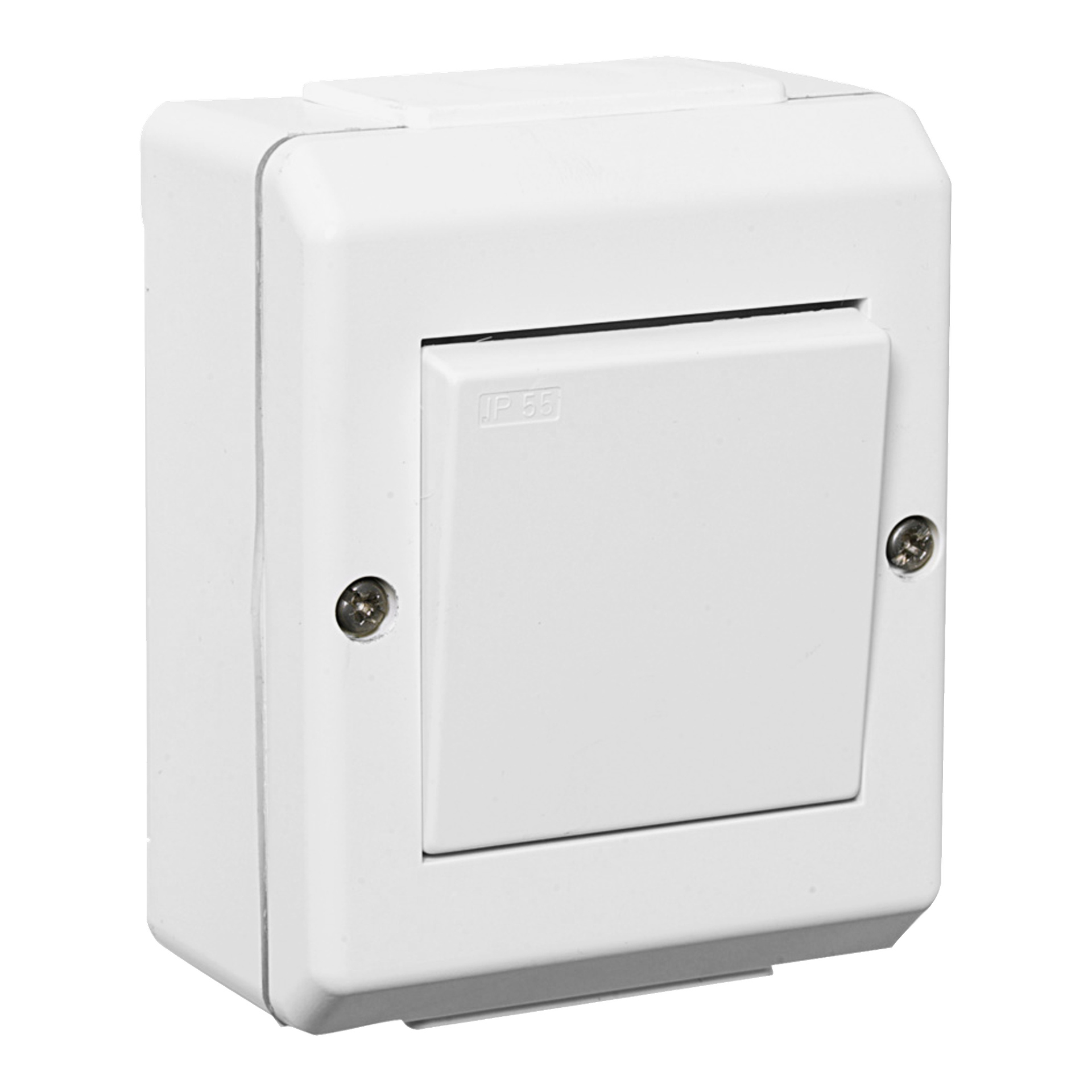 En hvit veggmontert lysbryter med to skruer på frontplaten og IP 55 preget, satt mot en vanlig hvit bakgrunn.