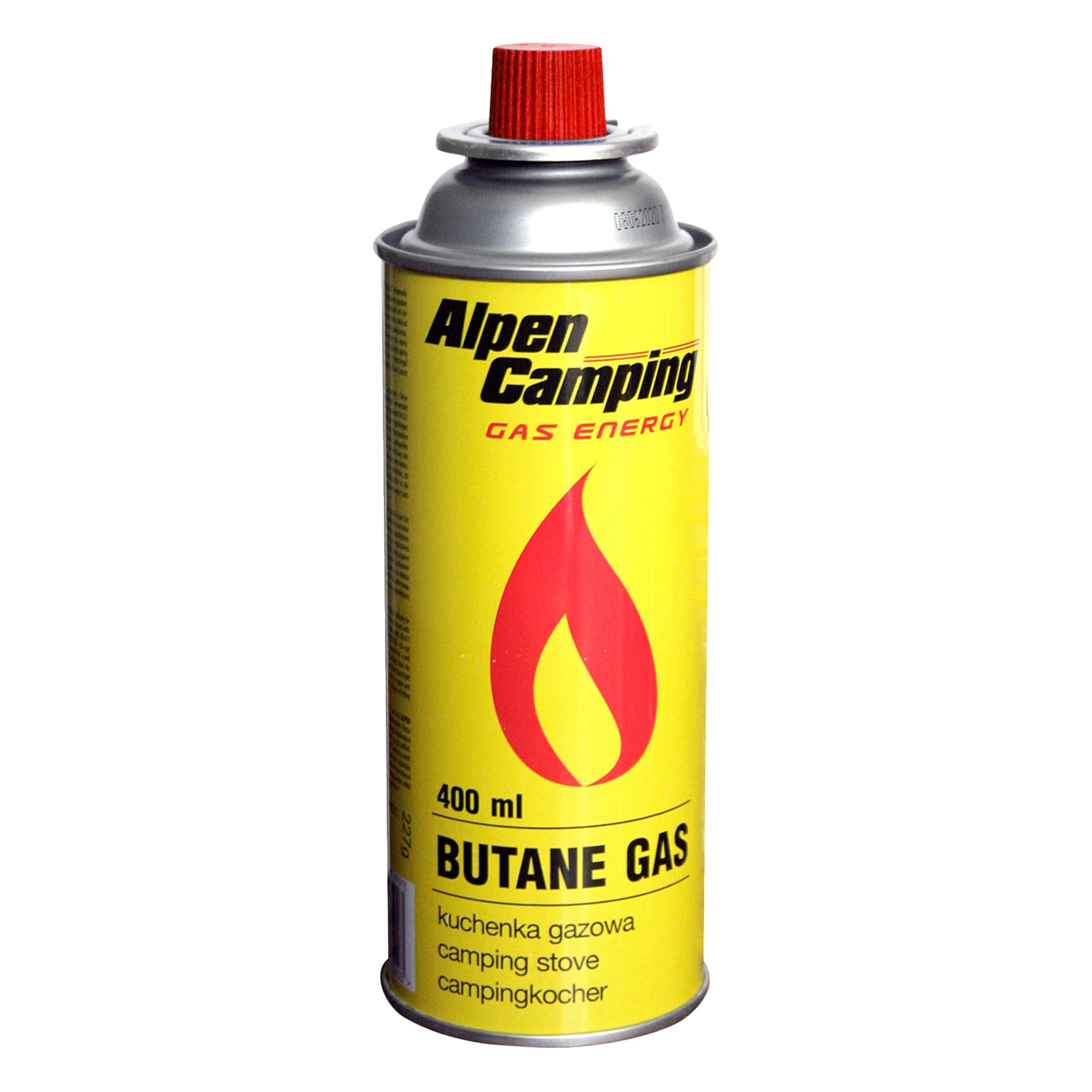 Żółty kanister Alpen Camping Gas Energy z czerwoną nakrętką, 400 ml butanu, grafiką czerwonego płomienia i tekstem użycia kuchenki kempingowej.