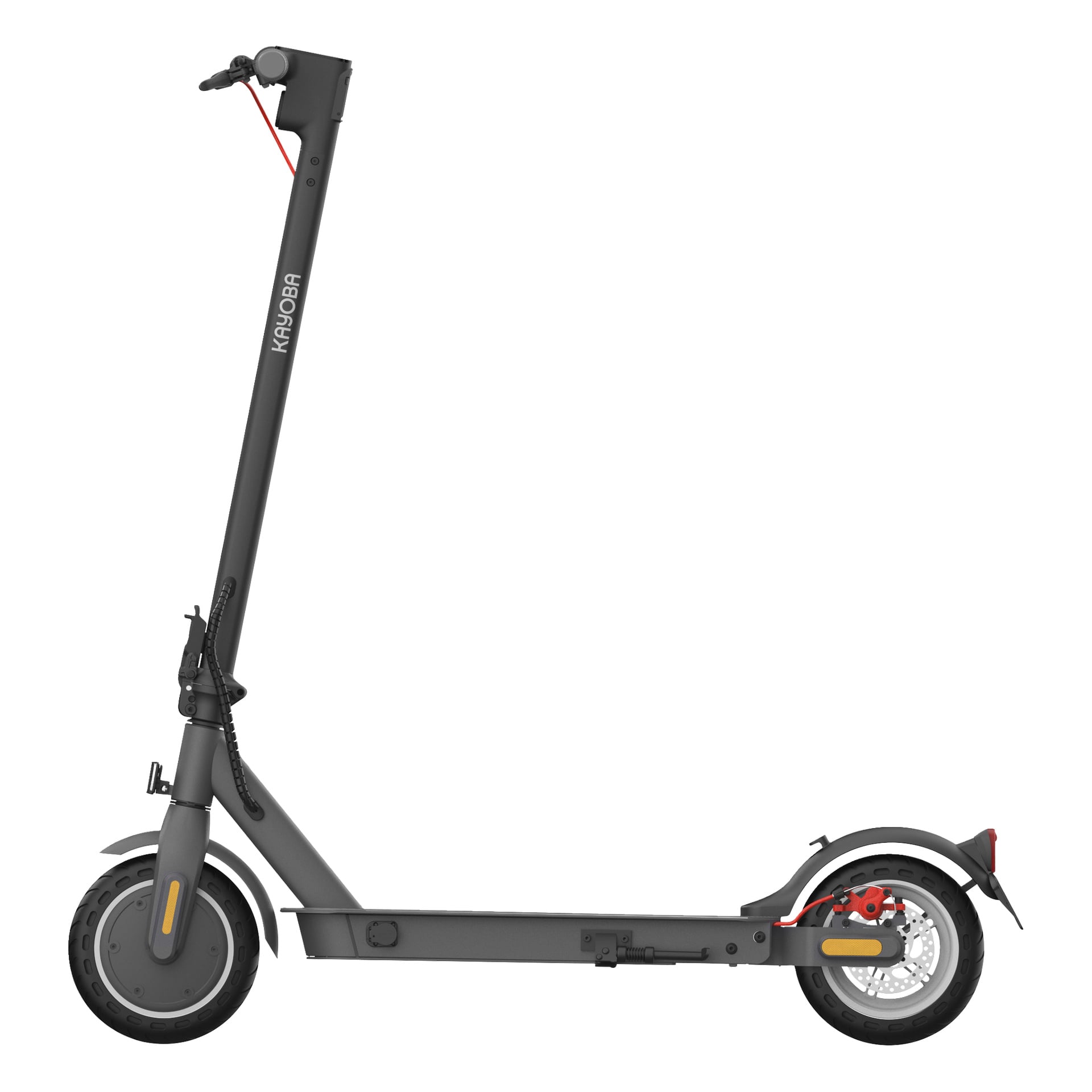 Sidovy av en svart elektrisk scooter med högt styre, fram- och bakhjul, bakre skivbroms och stöd.