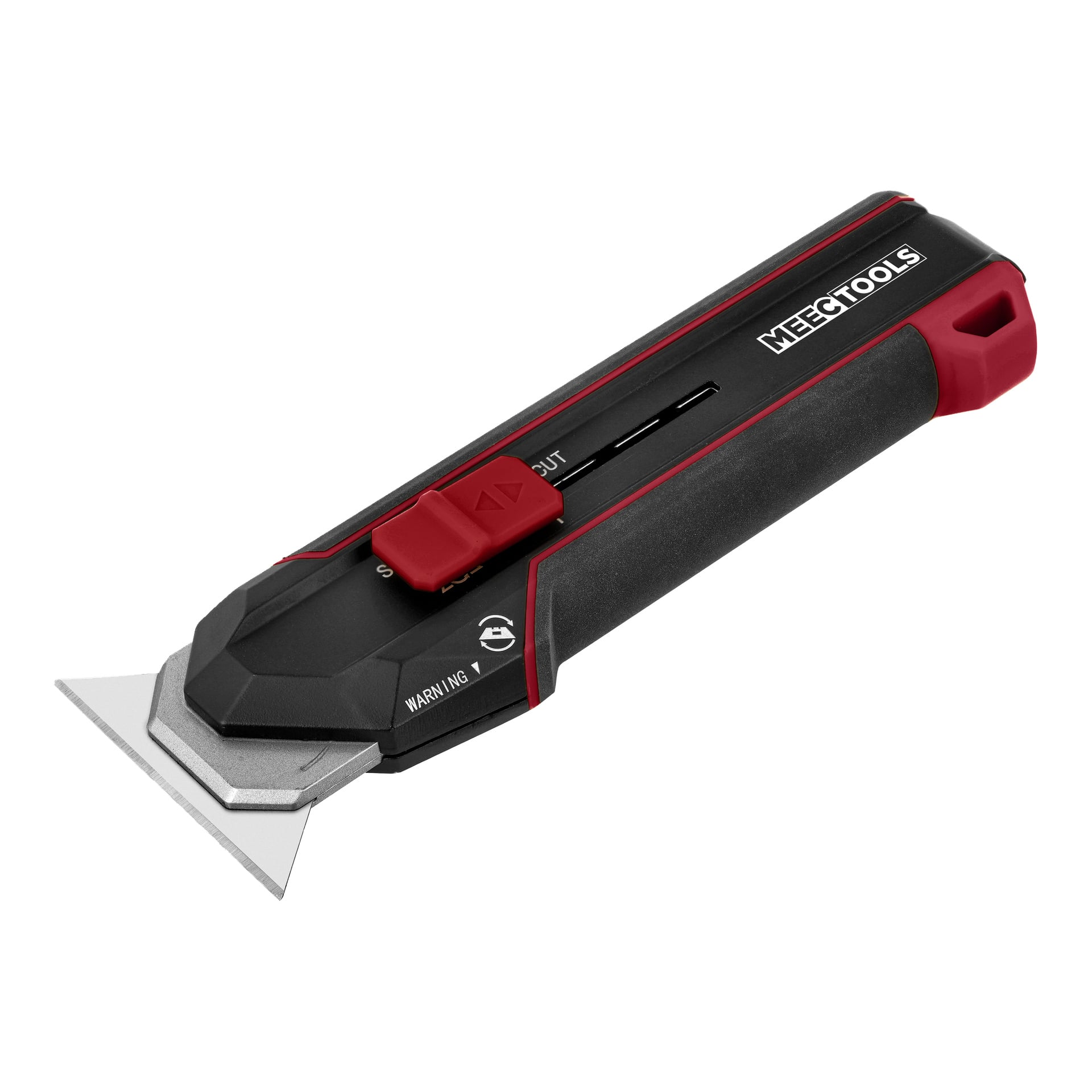 Schwarz-rotes Universalmesser mit einer einziehbaren silbernen Klinge, verstellbar mit rotem Regler und MEECTOOLS-Branding an der Seite.