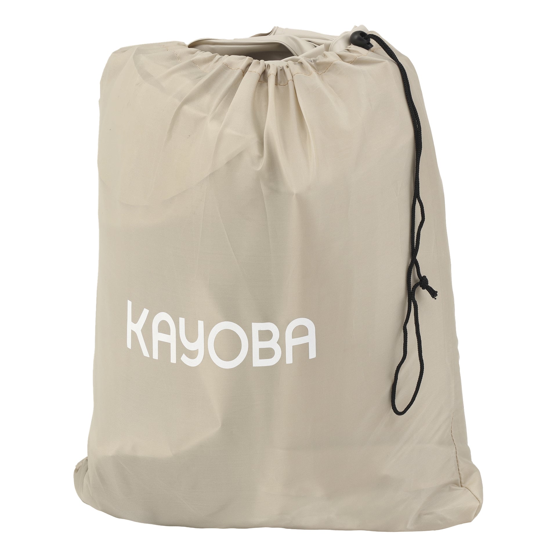 En beige väska med dragsko med "KAYOBA" i djärva vita versaler på framsidan och en delvis dragen svart dragsko upptill.
