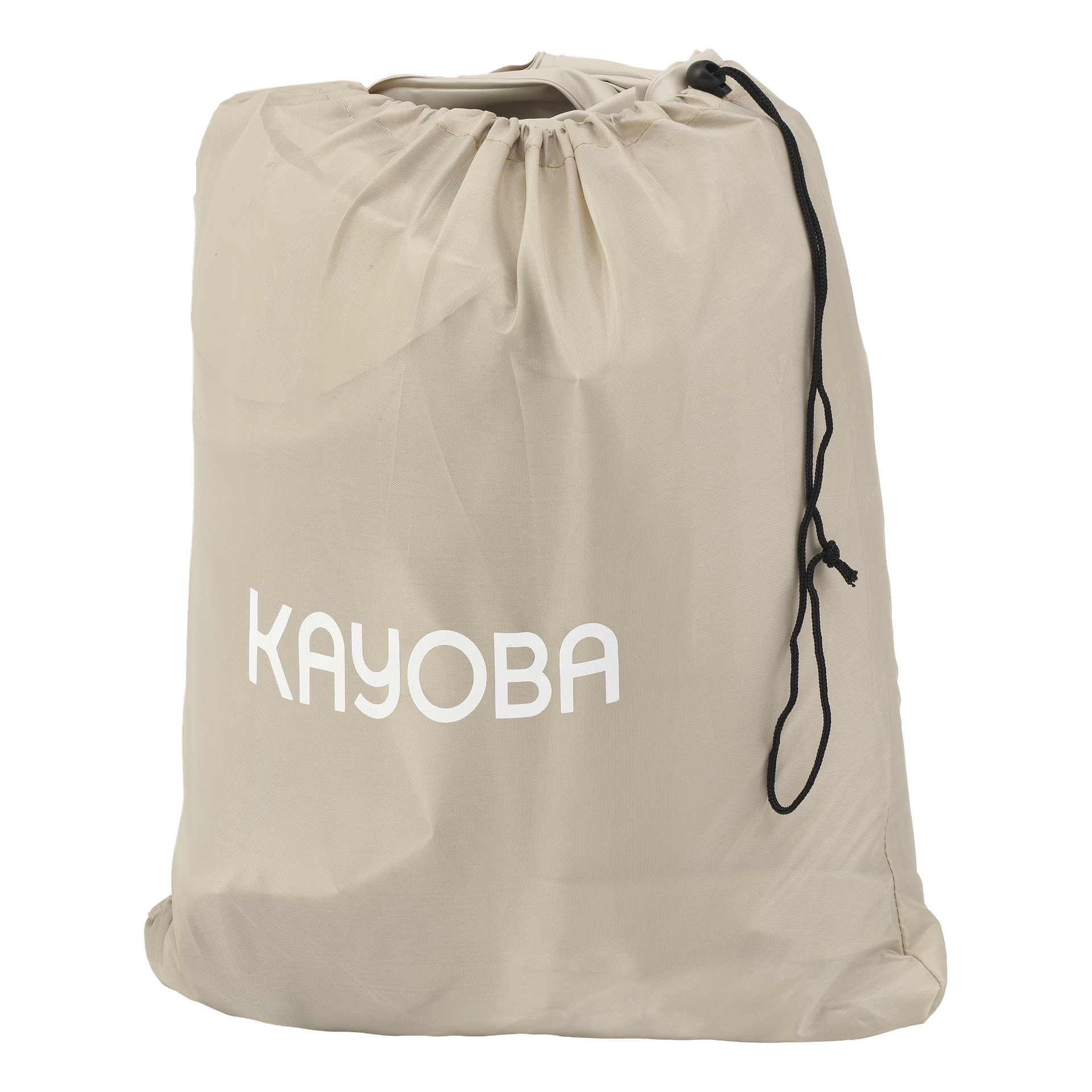 En beige väska med dragsko med "KAYOBA" i djärva vita versaler på framsidan och en delvis dragen svart dragsko upptill.