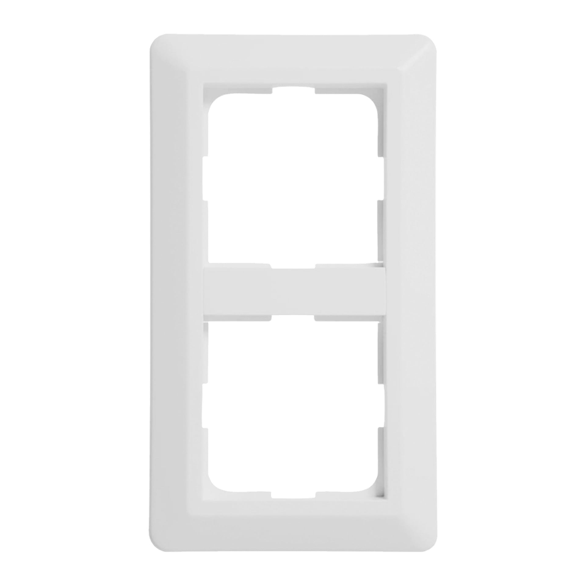 En hvit veggplate i plast med to vertikale åpninger for brytere eller uttak, med avrundede hjørner og lett hevede kanter.