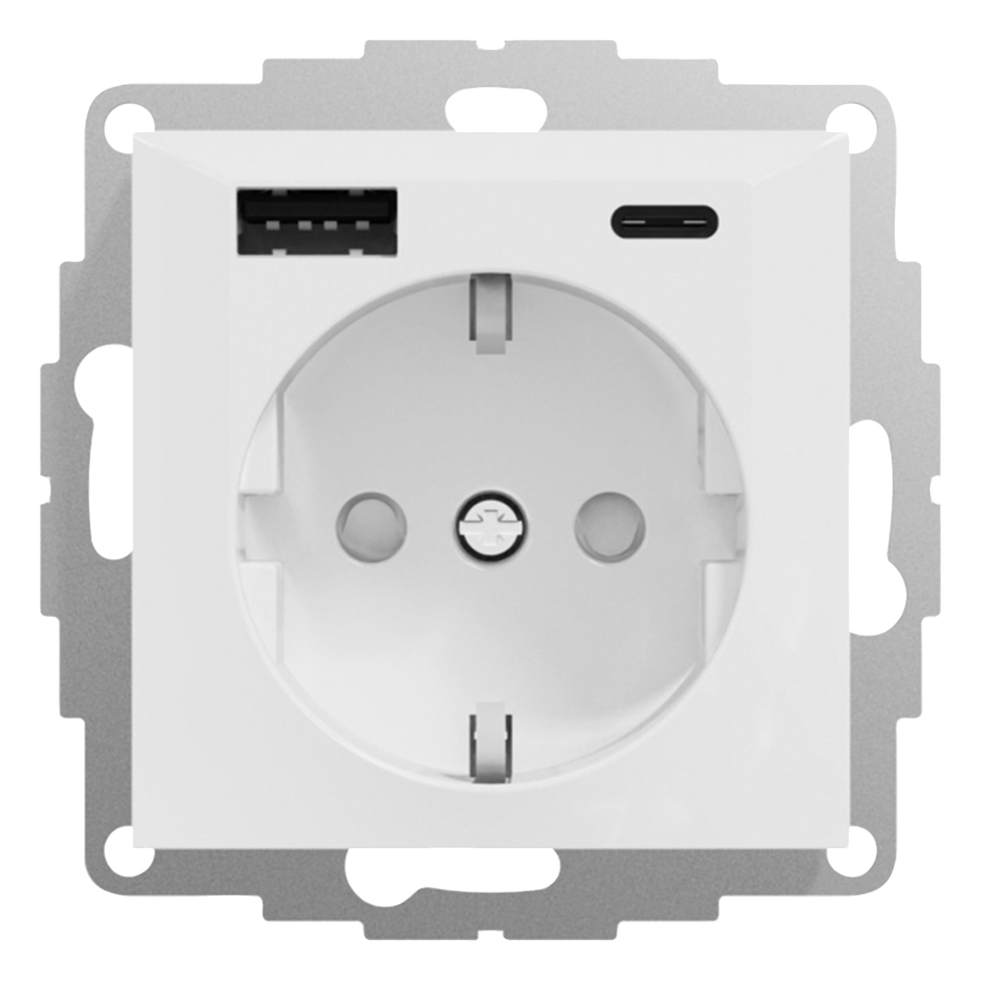 Et hvitt uttak på en firkantet metallramme med en rund stikkontakt, en USB-A-port og en USB-C-port, med installasjonsutskjæringer.