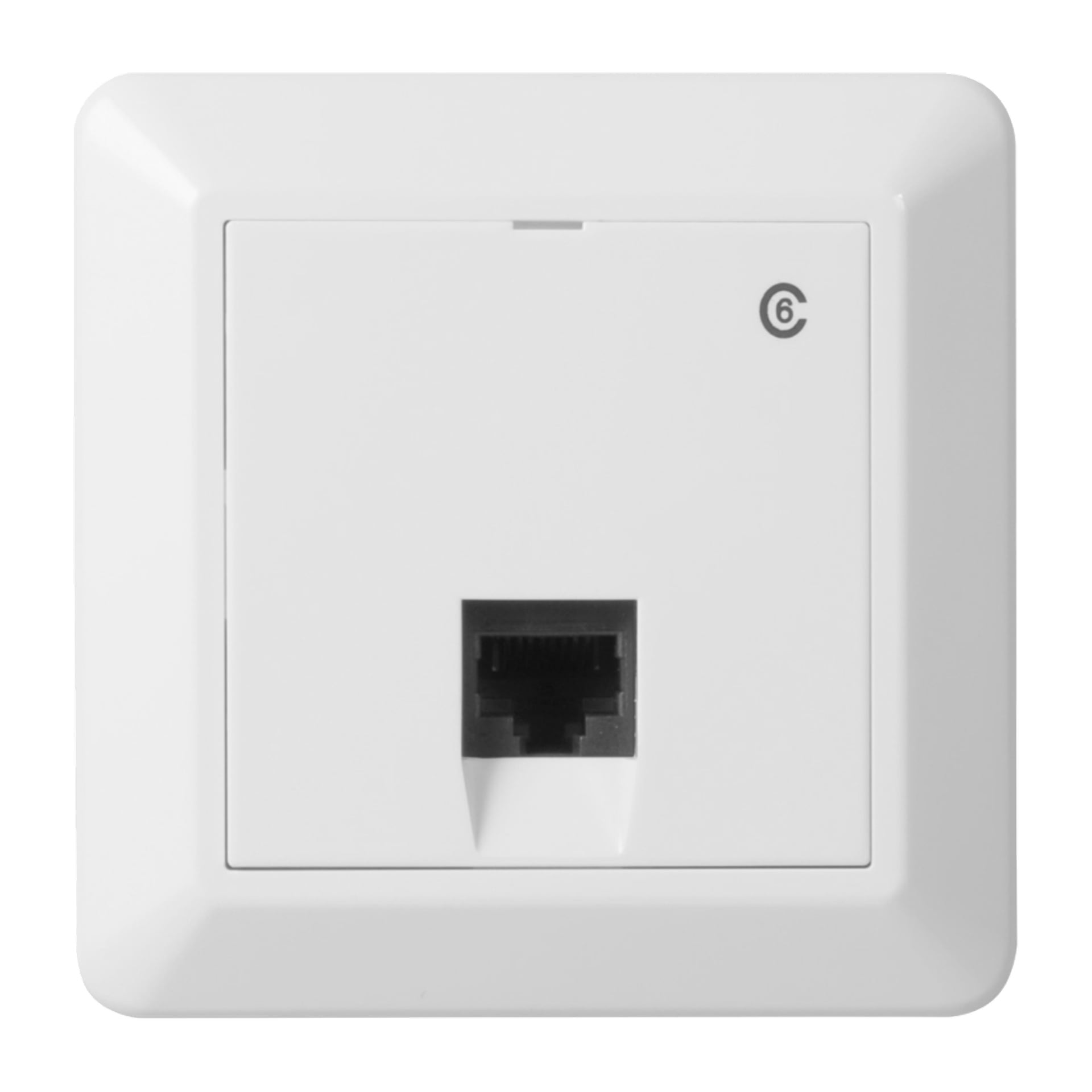 Hvit veggmontert Ethernet-port med en sentral RJ45-kontakt og en sirkel 6 øverst til høyre, som markerer den som Cat 6.