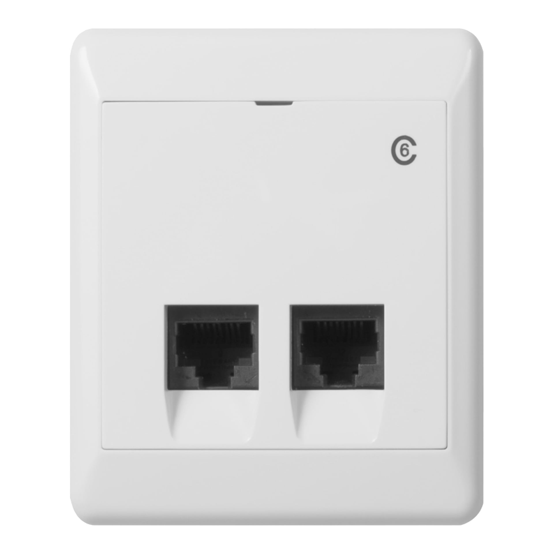En hvit rektangulær veggplate med to svarte Ethernet-porter og et lite 6-symbol i øvre høyre hjørne.