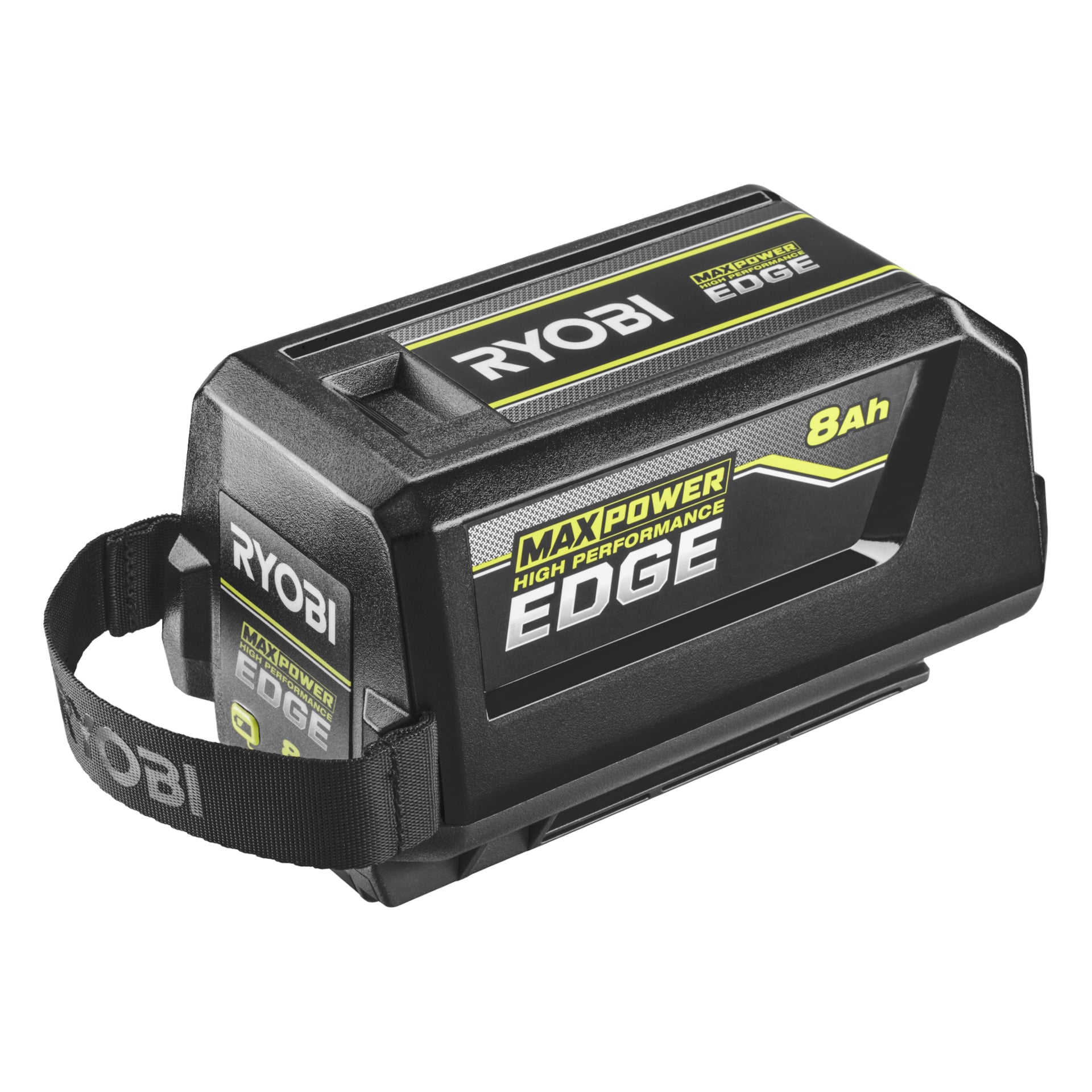 Ett rektangulärt svart Ryobi Max Power Edge 8Ah-batteri har en bärrem och djärv gul och vit text på sidan.