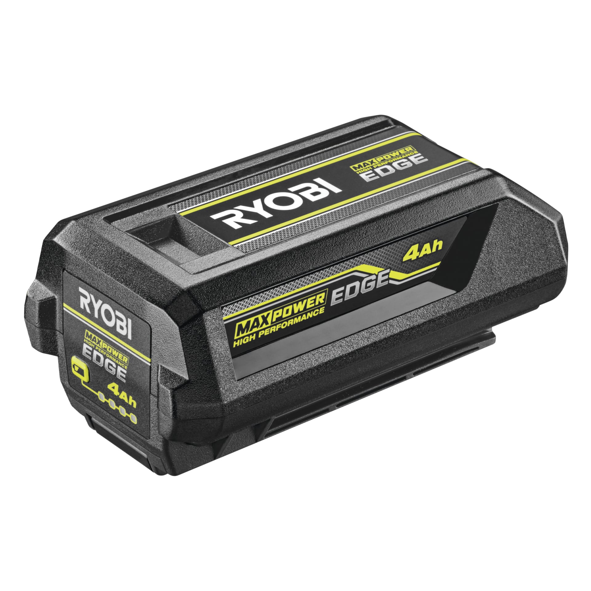 Ett Ryobi Max Power Edge 4Ah 18V litiumjonbatteri med en svart och gul design.