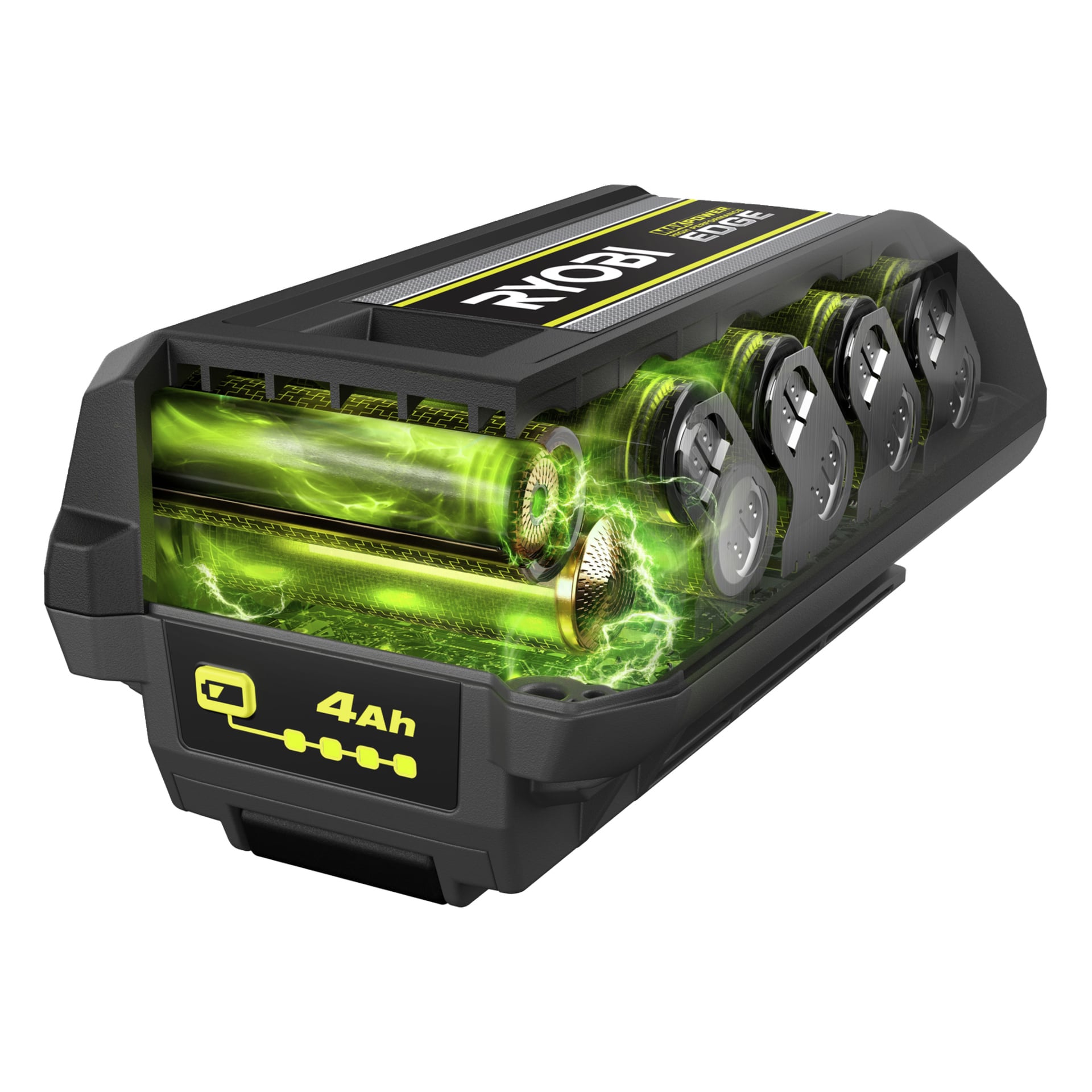 Ryobi 4Ah litiumbatteri visas delvis genomskinligt och avslöjar fyra ljusgröna celler och interna delar med dynamiska energibilder.