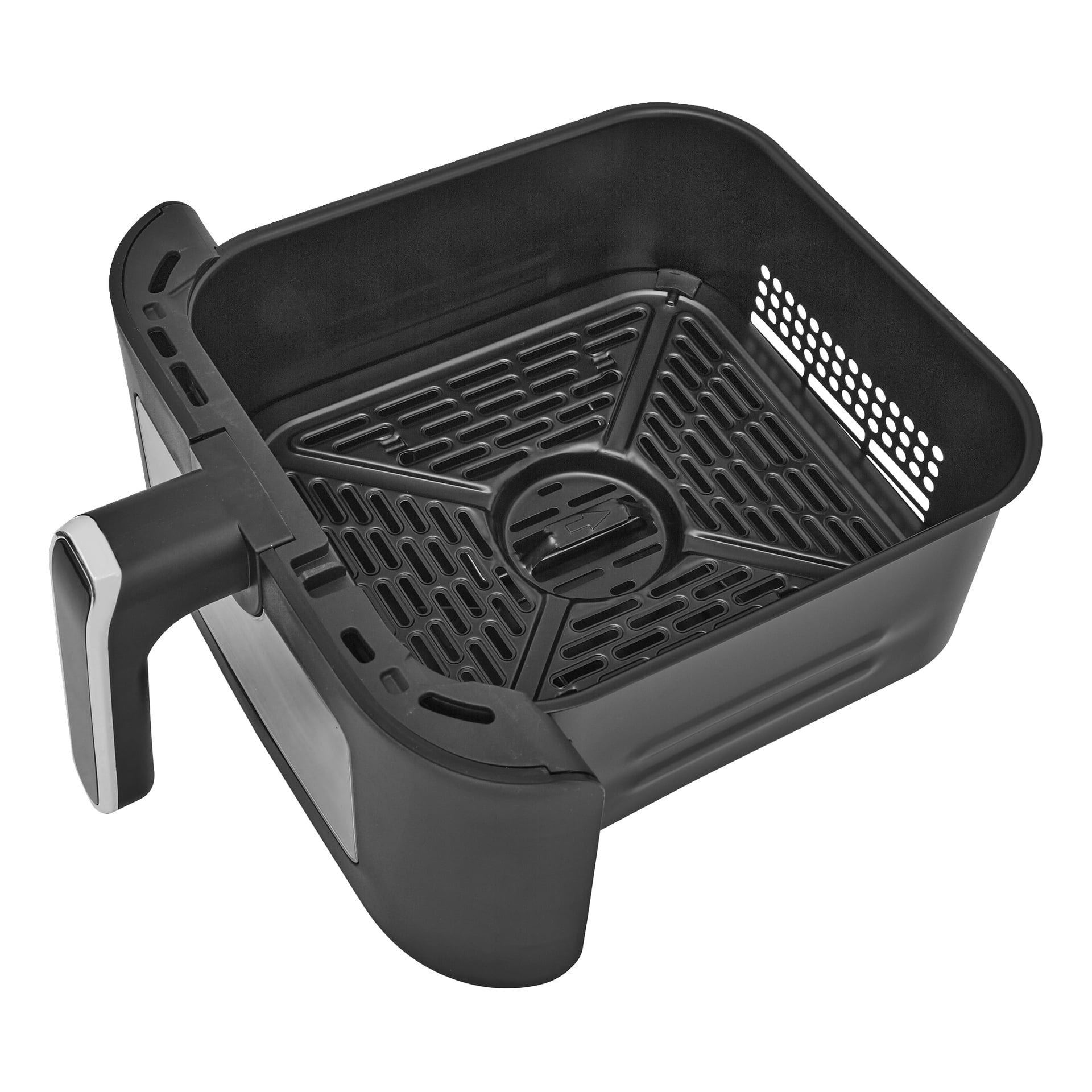 En svart rektangulär airfryer-korg med handtag, designad med ventiler på basen och sidorna för att tillåta luftflöde. Varukorgen är tom.