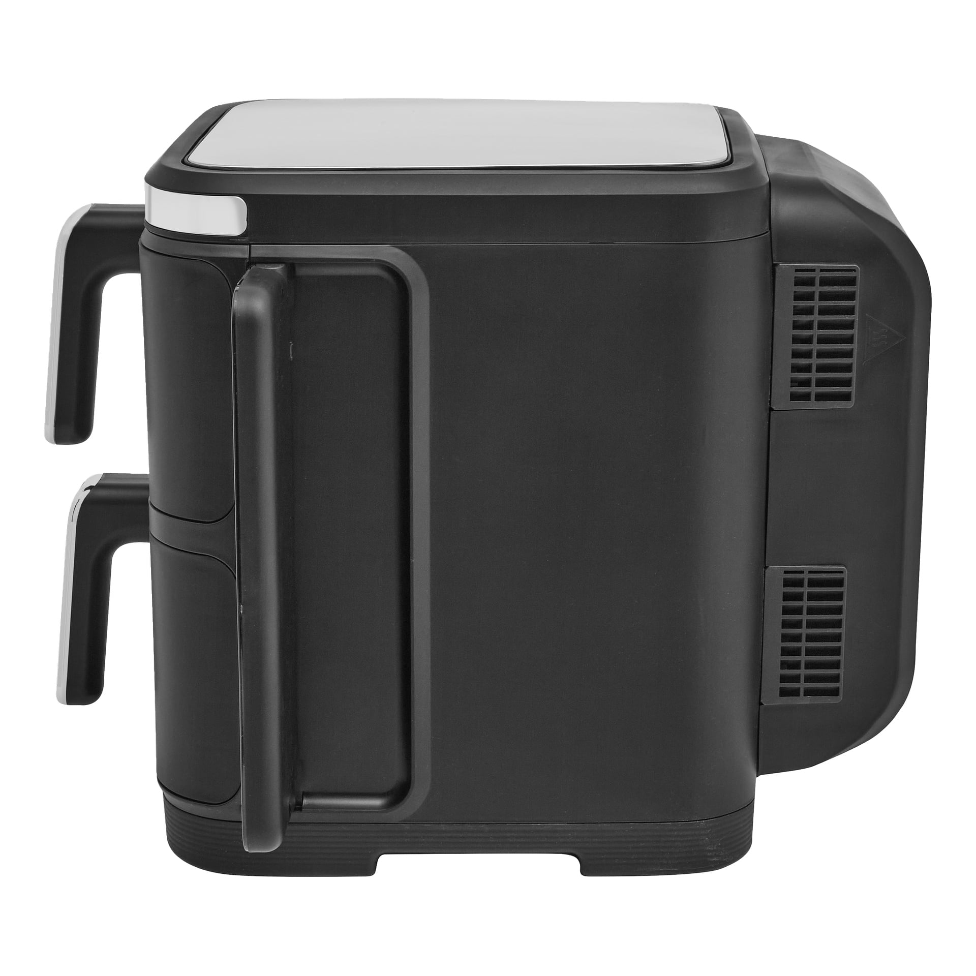 Svart airfryer med dubbla utdragbara lådor, silverhandtag, sidoventiler och en digital kontrollpanel på toppen.