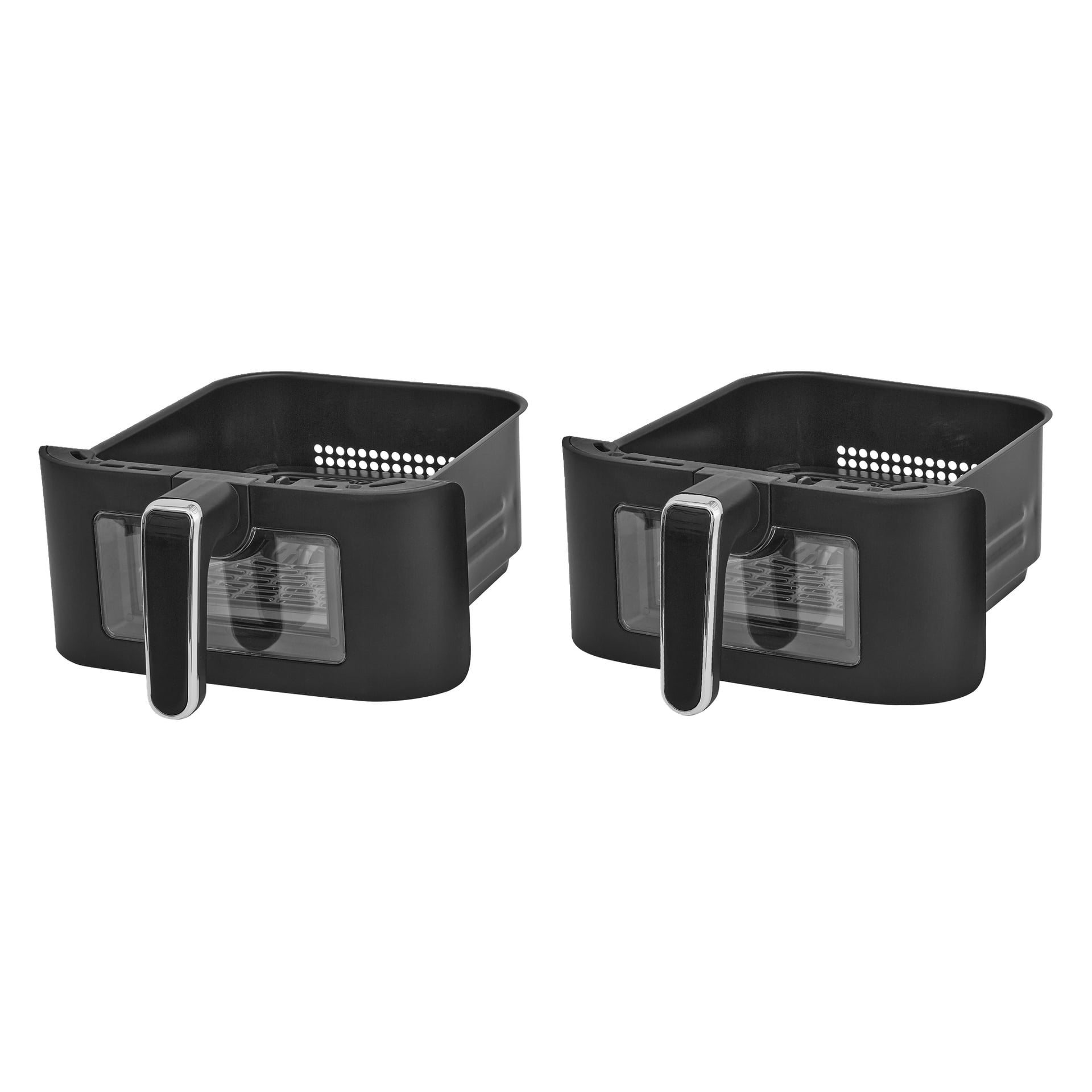 Två identiska svarta airfryer-korgar med handtag sitter sida vid sida, var och en med en ventilerad interiör och genomskinligt framfönster.