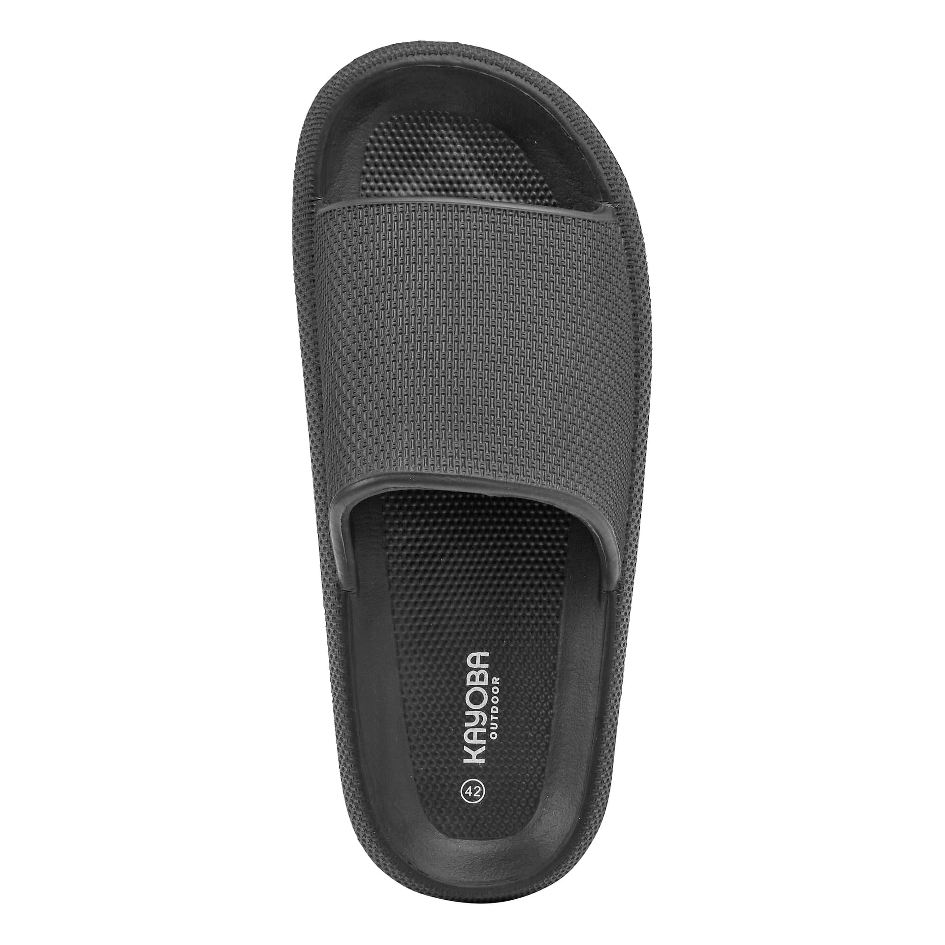 Schwarze Slide-Sandale mit strukturiertem Riemen und Sohle mit KAYOBA OUTDOOR-Branding und Größe 42 auf der Innensohle.