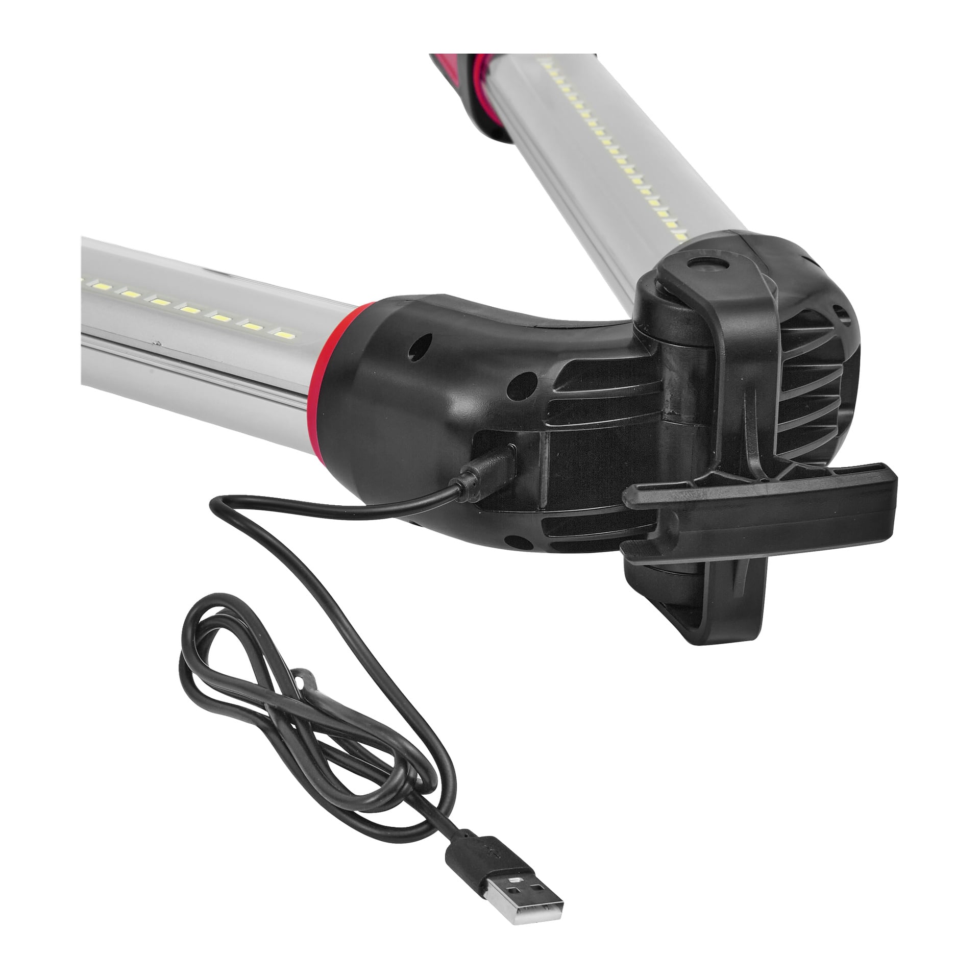 Bærbart sammenleggbart LED-arbeidslys, USB-ladekabel koblet på siden med en separat avtakbar USB-ledning ved siden av.
