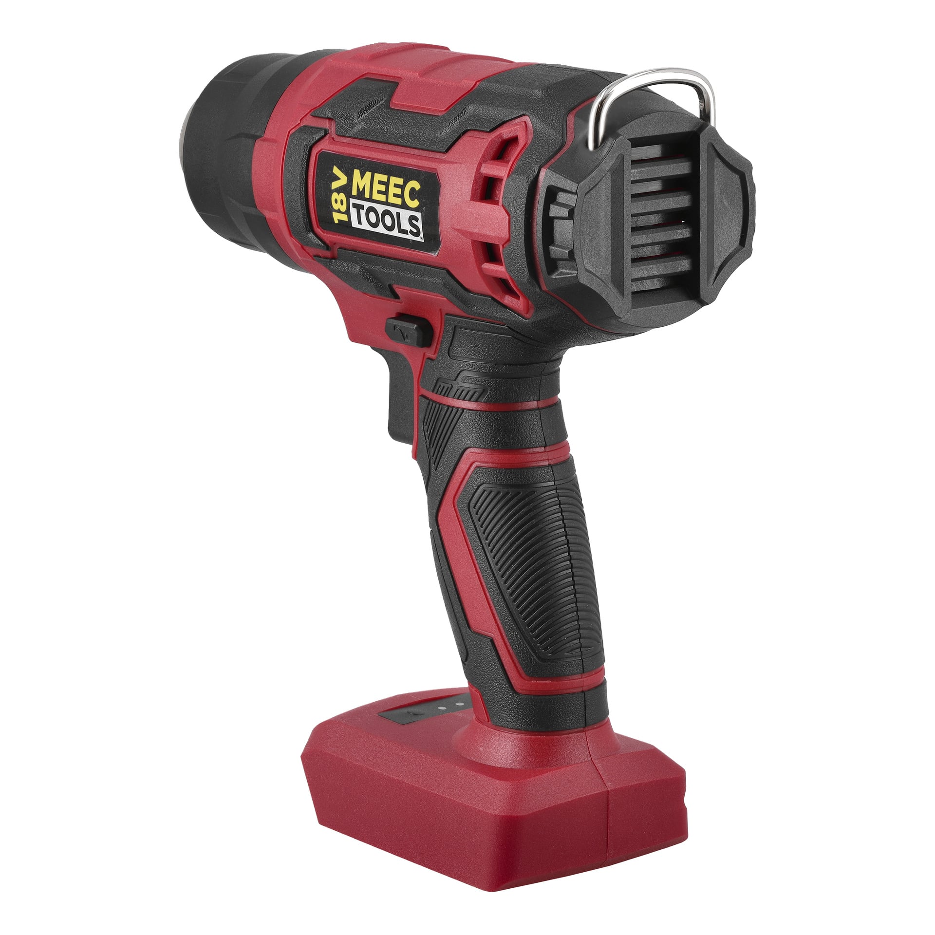 Ett sladdlöst elverktyg med ett rött och svart handtag märkt "18V MEEC TOOLS", saknar batteri och en metallkrok på baksidan ovantill.