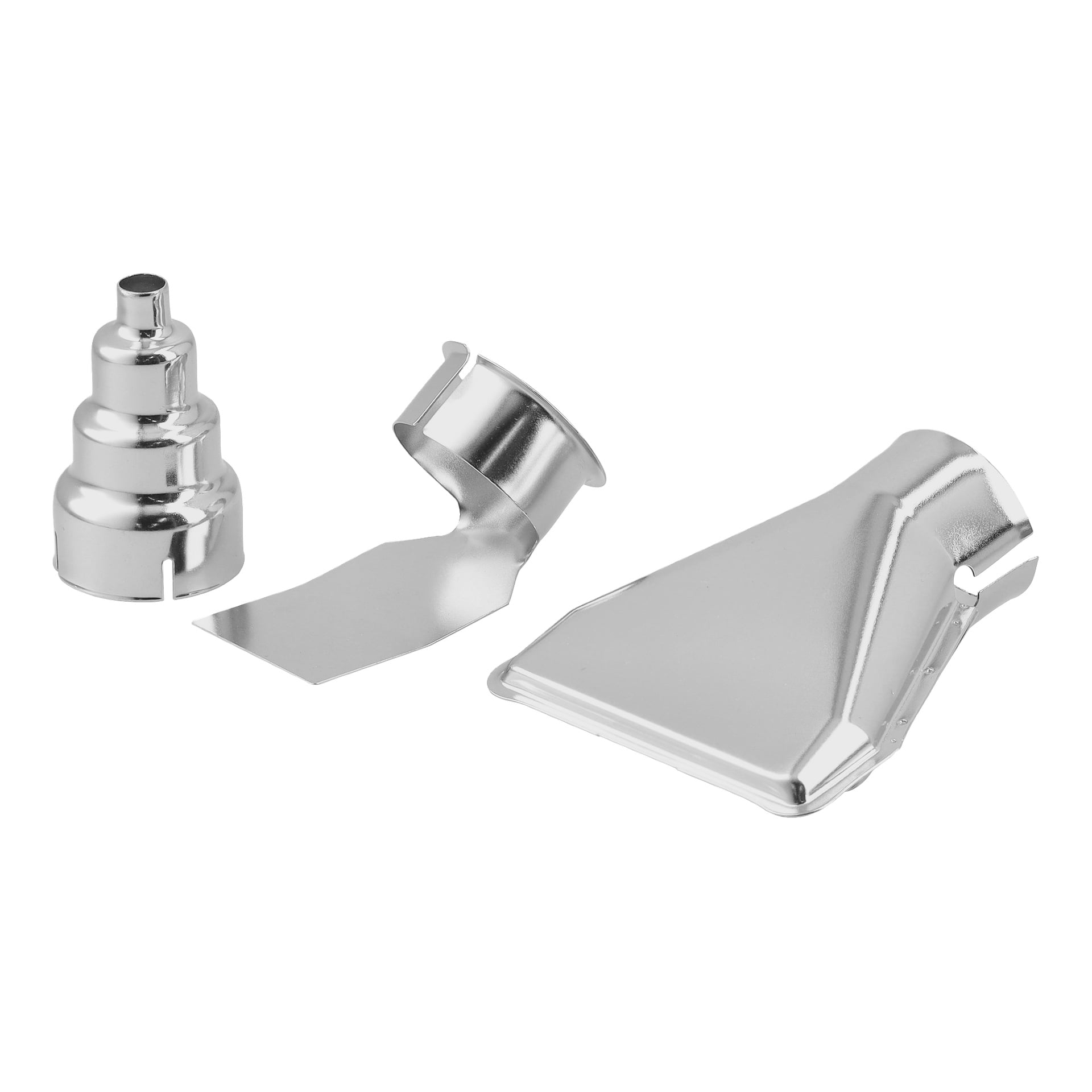 Set med tre metalliska värmepistolmunstycken: ett konformat, ett böjt med platt spets och ett med en bred platt öppning.