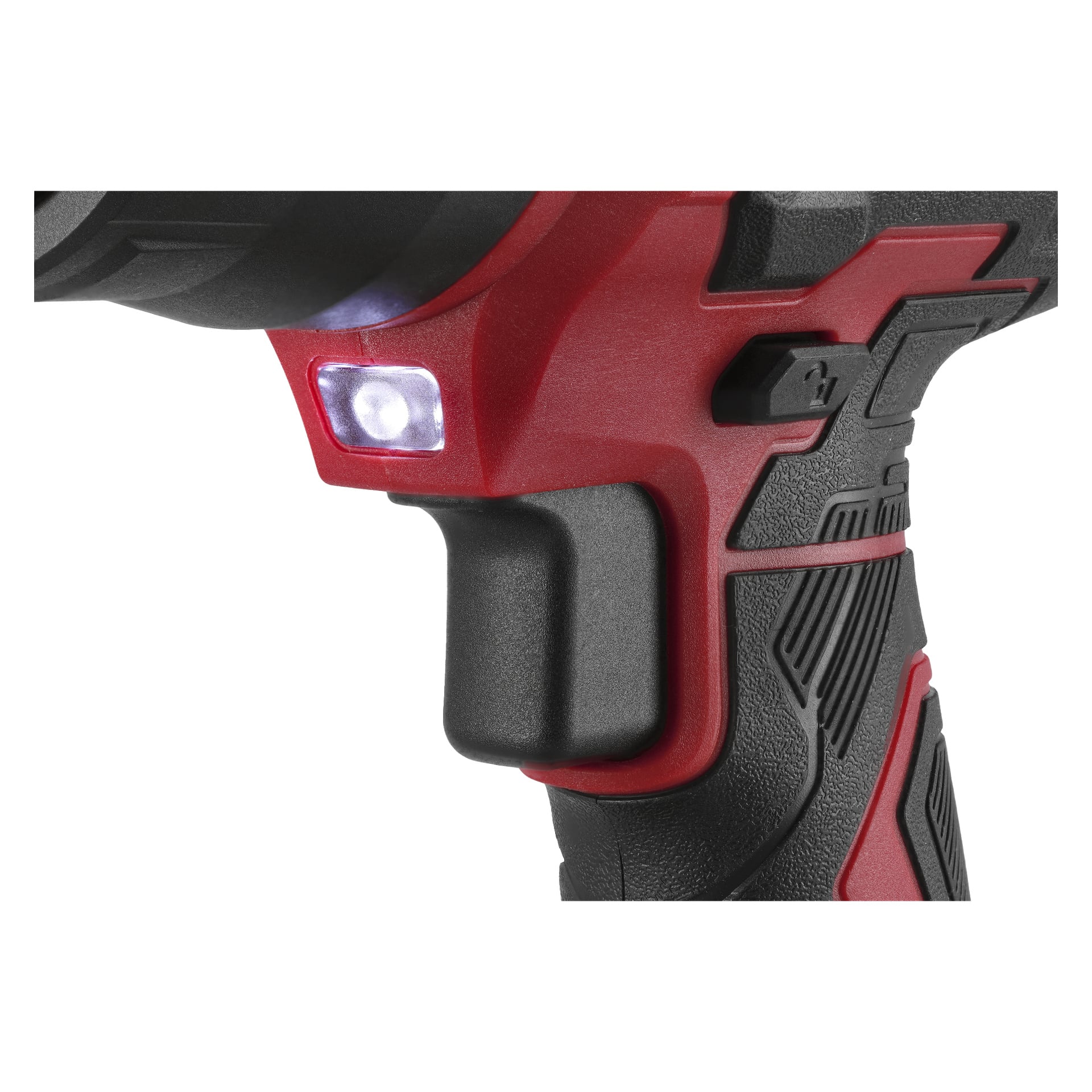 Detaljerad vy av ett rött och svart borrhandtag, med ett texturerat grepp, avtryckare och en glödande LED-lampa vid avtryckaren.