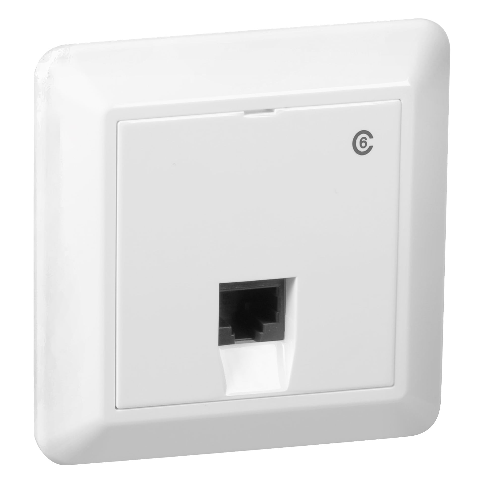 En veggmontert Ethernet-port med en firkantet frontplate, en rektangulær stikkontakt og tallet 6 i øvre høyre hjørne.