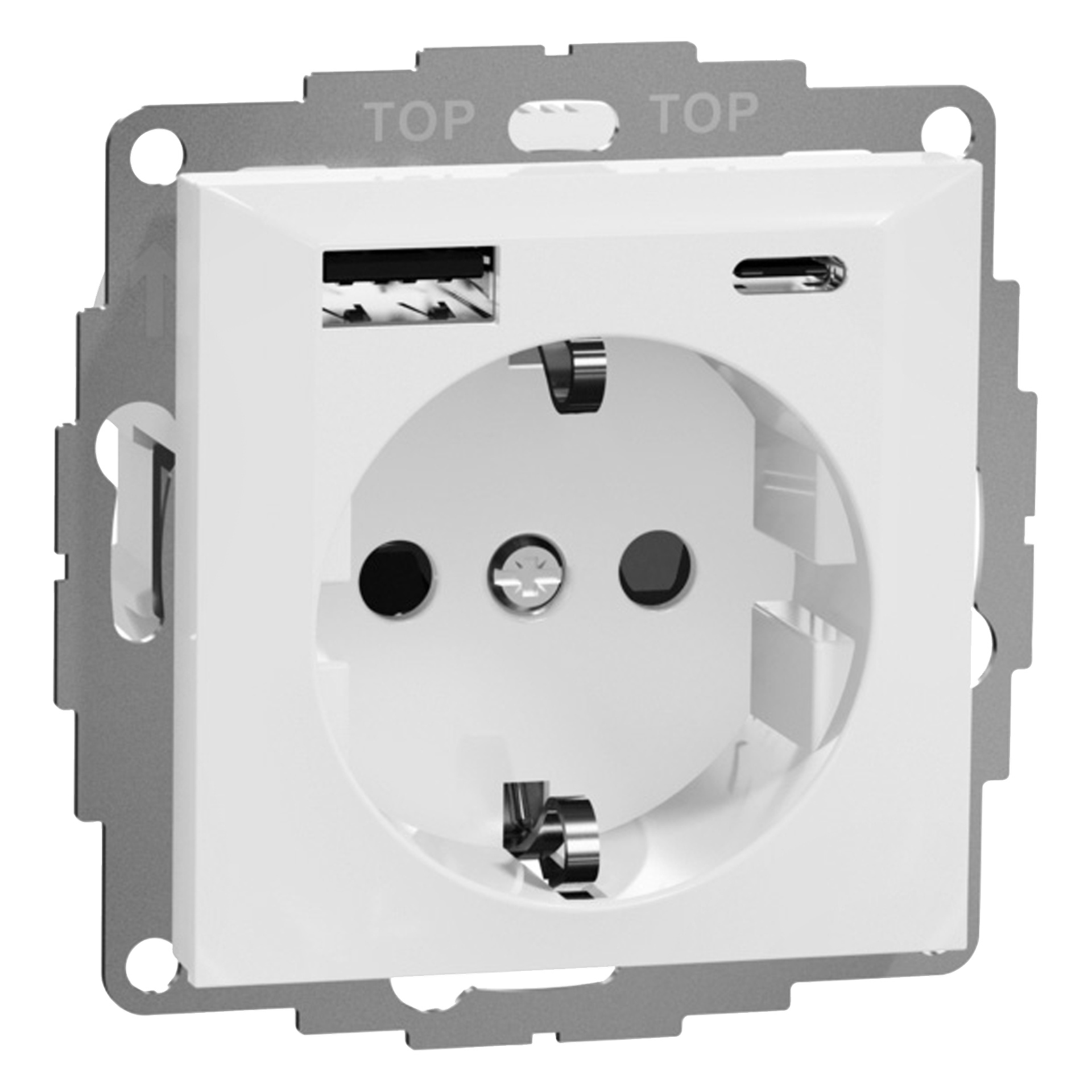 En hvit stikkontakt har en sirkulær stikkontakt, en USB-A-port og en USB-C-port på en metallramme merket TOP i kanten.