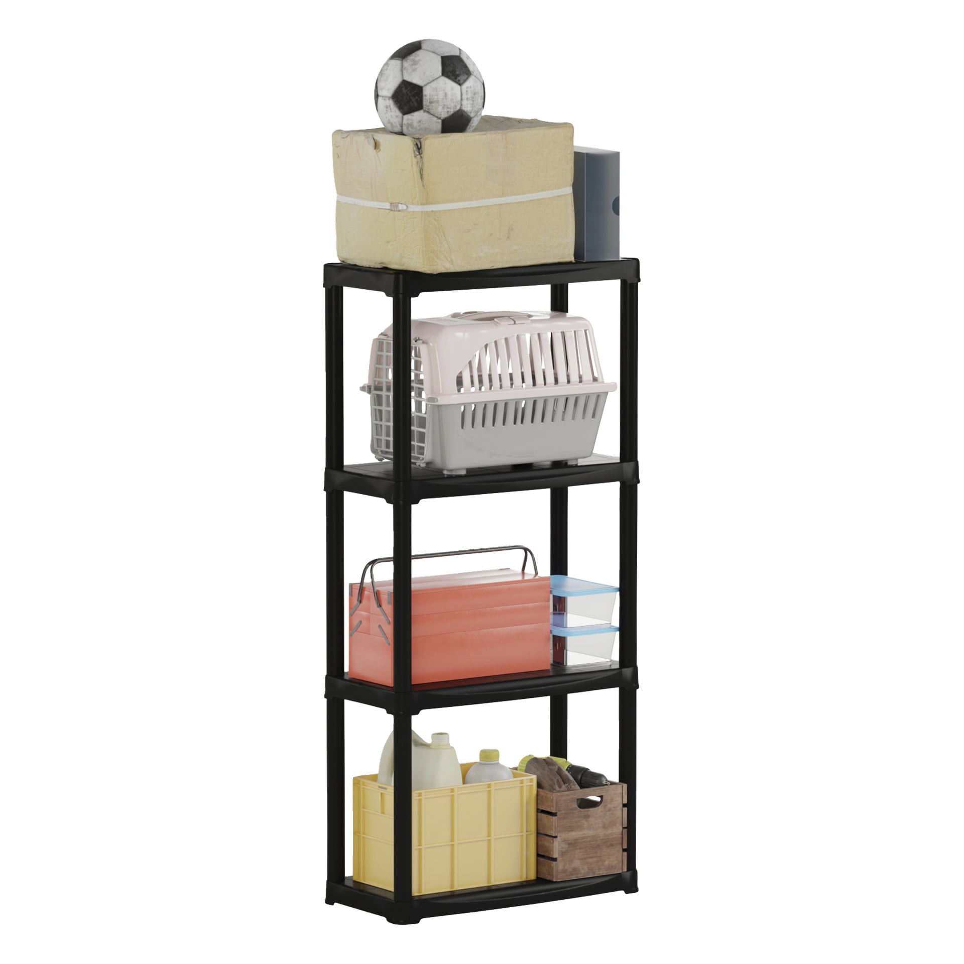 Ein schwarzes Aufbewahrungsregal mit fünf Regalen bietet Platz für einen Fußball, Kartons, eine Haustierbox, einen Werkzeugkasten, einen durchsichtigen Mülleimer, eine gelbe Tonne mit Flaschen und eine Kiste.