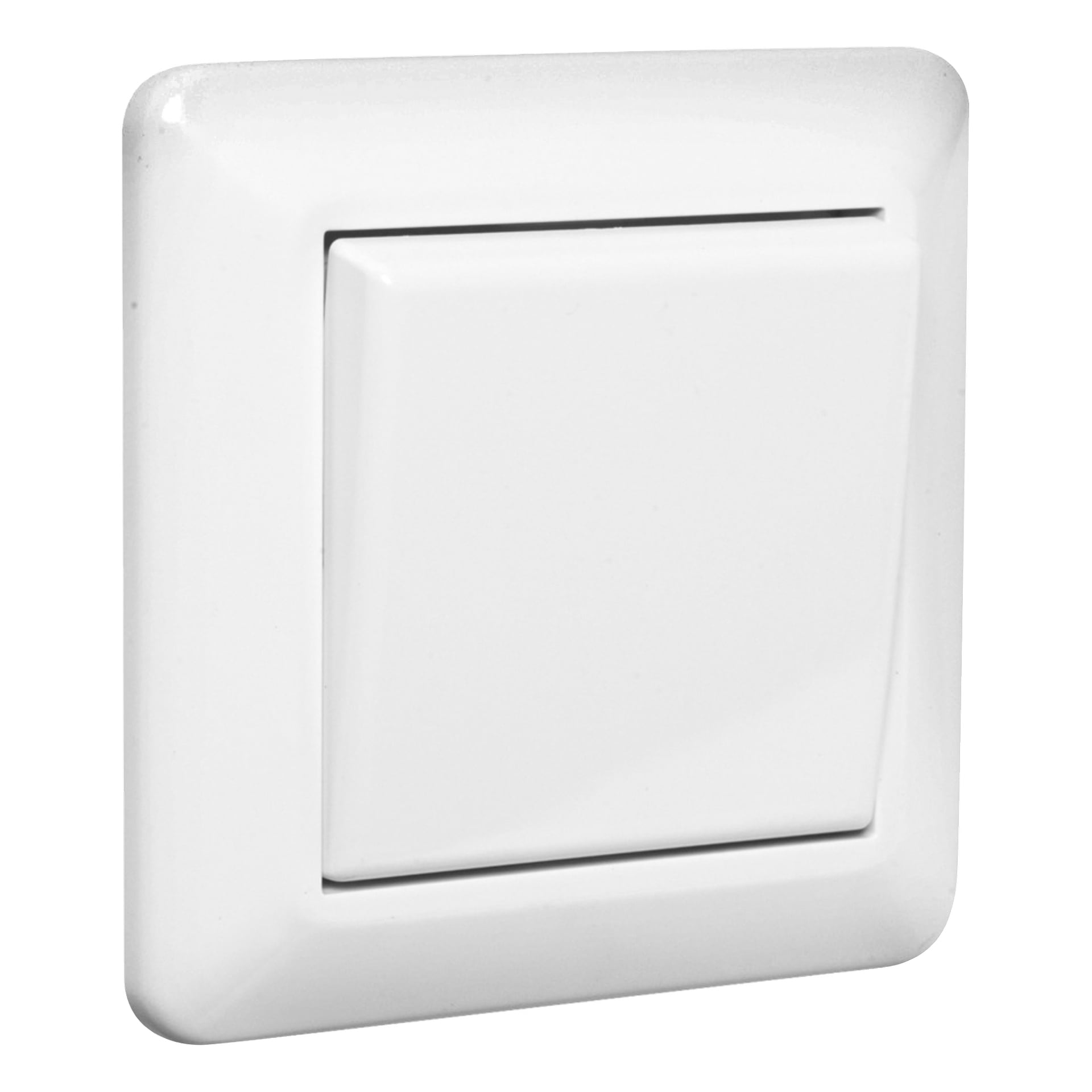 Nærbilde av en hvit lysbryter i plast i av-posisjon, med et moderne, minimalistisk utseende med avrundede kanter.