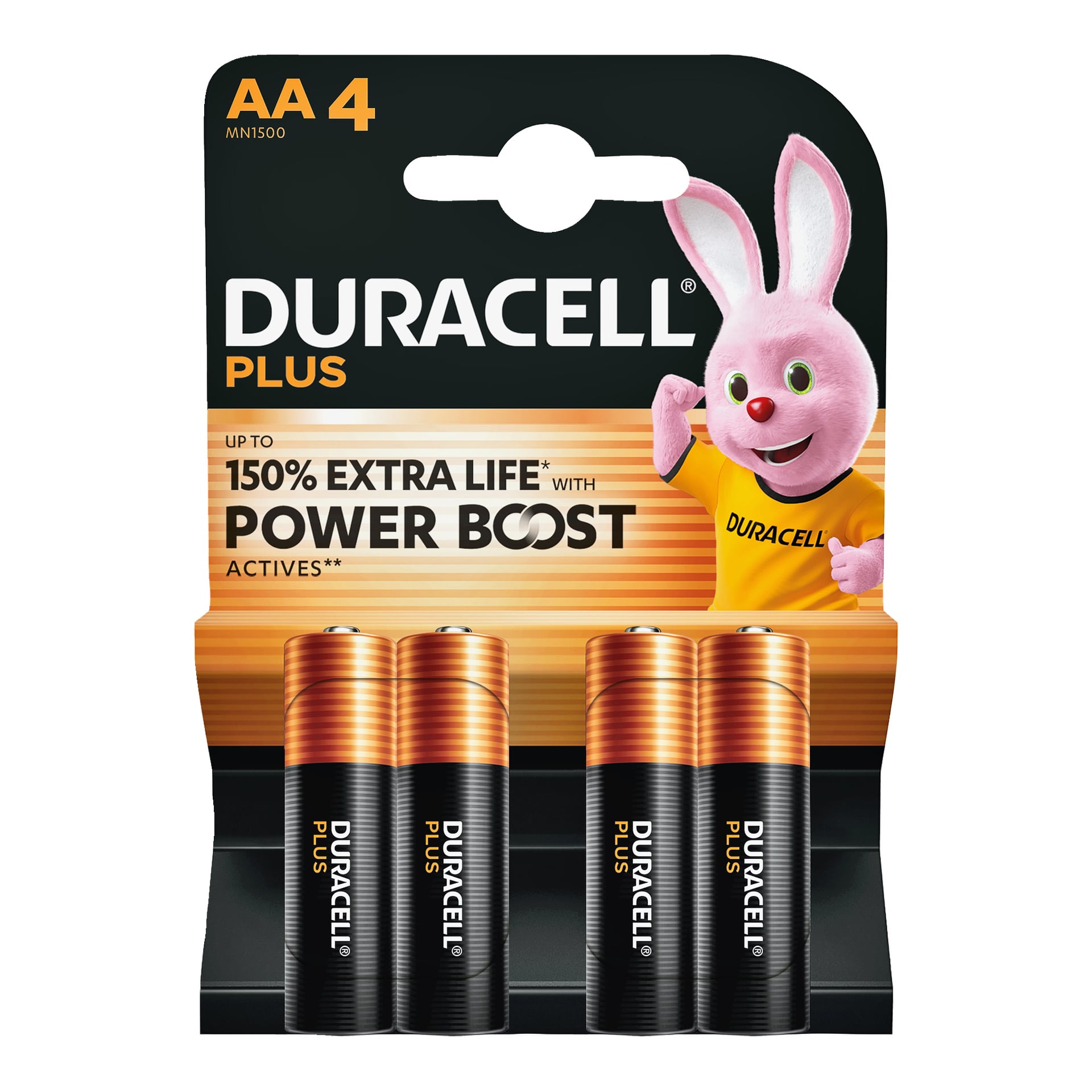 Pakke med fire Duracell Plus AA-batterier, svart og kobber, emballasjen inneholder Duracell-kaninen i gul skjorte og "150 % ekstra liv".