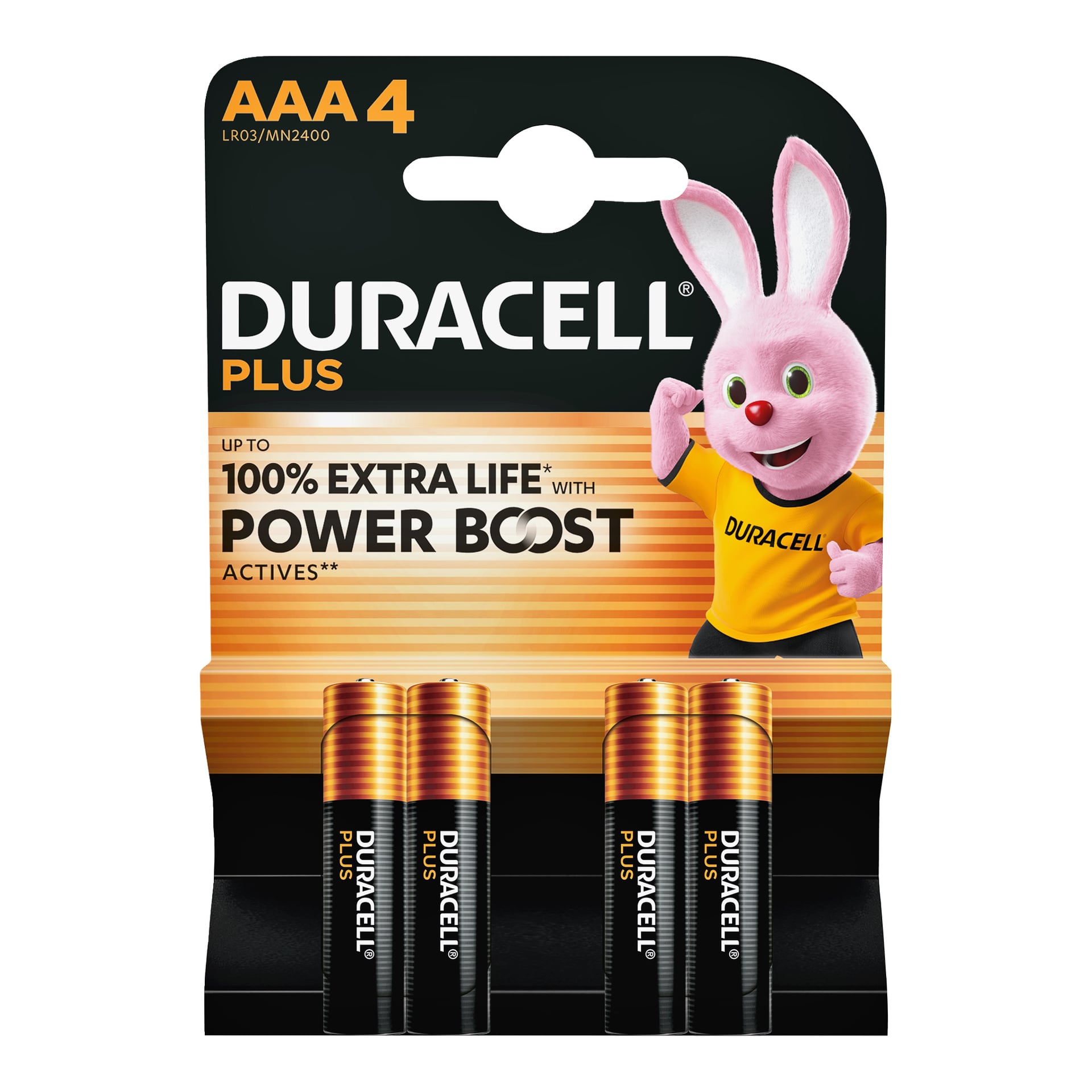 Förpackning med fyra Duracell Plus AAA-batterier i svart och guldförpackning, med Duracell Bunny till höger och texten "100% extra life".