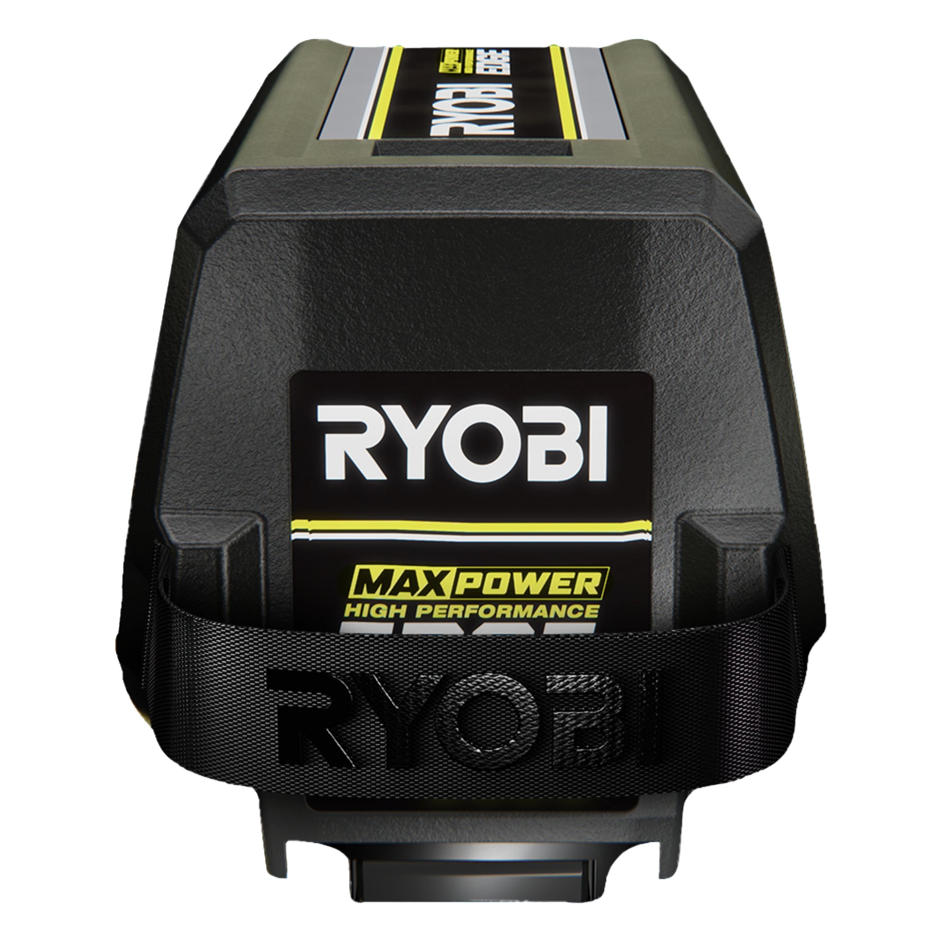 Ryobi Max Power High Performance batteripack i fokus, märke och modell syns på svart fodral med RYOBI-bärrem.