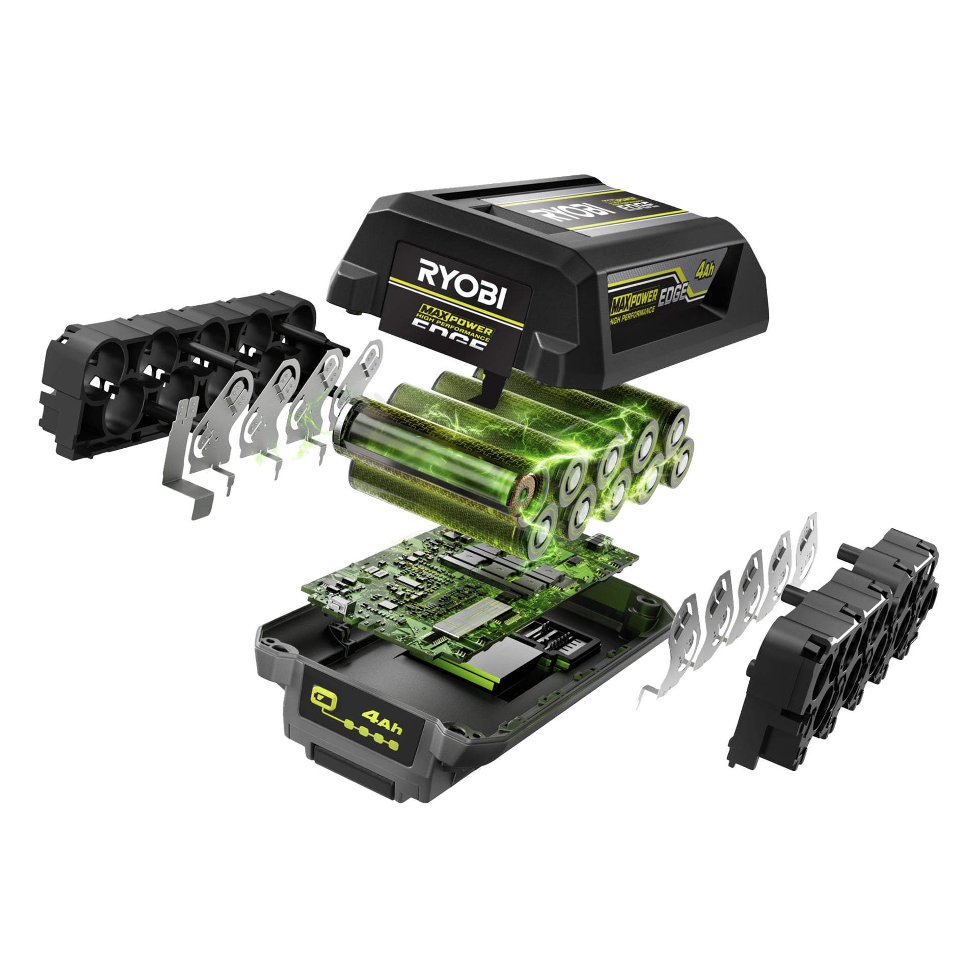 Ryobi 40V litiumbatteripaket i sprängskiss med skiktat hölje, celler, kretskort, metallkontakter och inre delar.