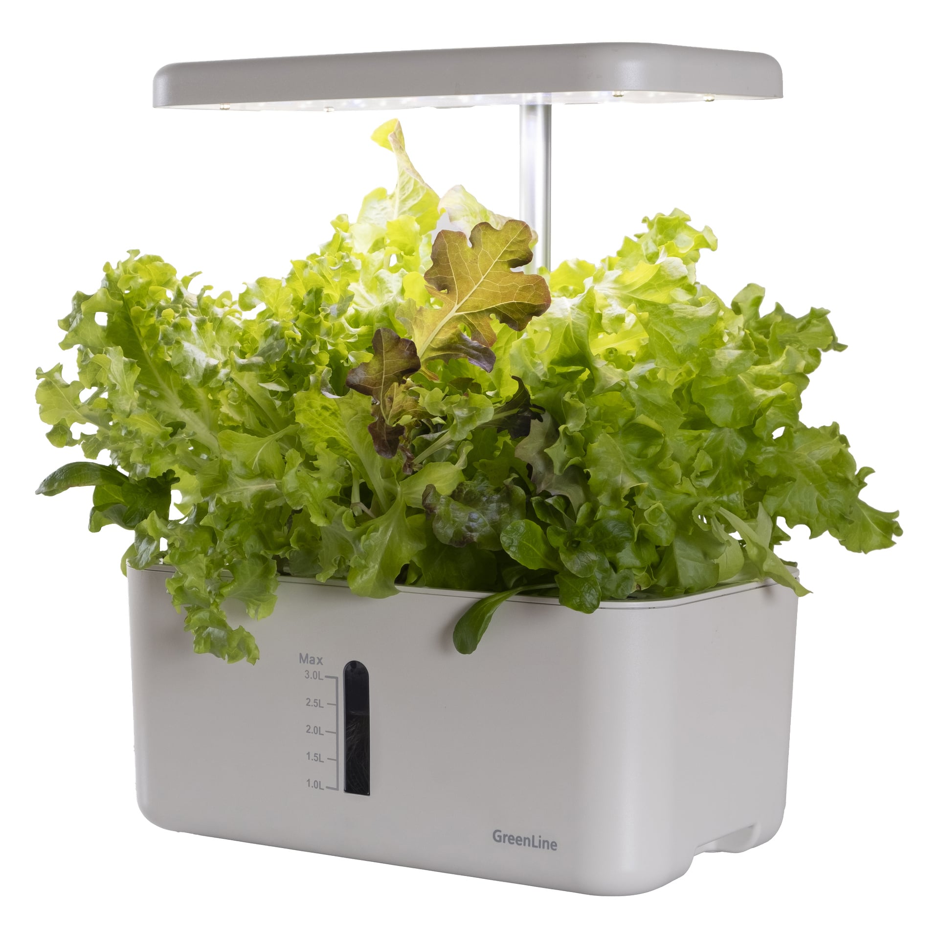 En vit hydroponisk planteringslåda märkt "GreenLine" odlar frodig sallad under en LED-lampa, med en främre vattennivåindikator.