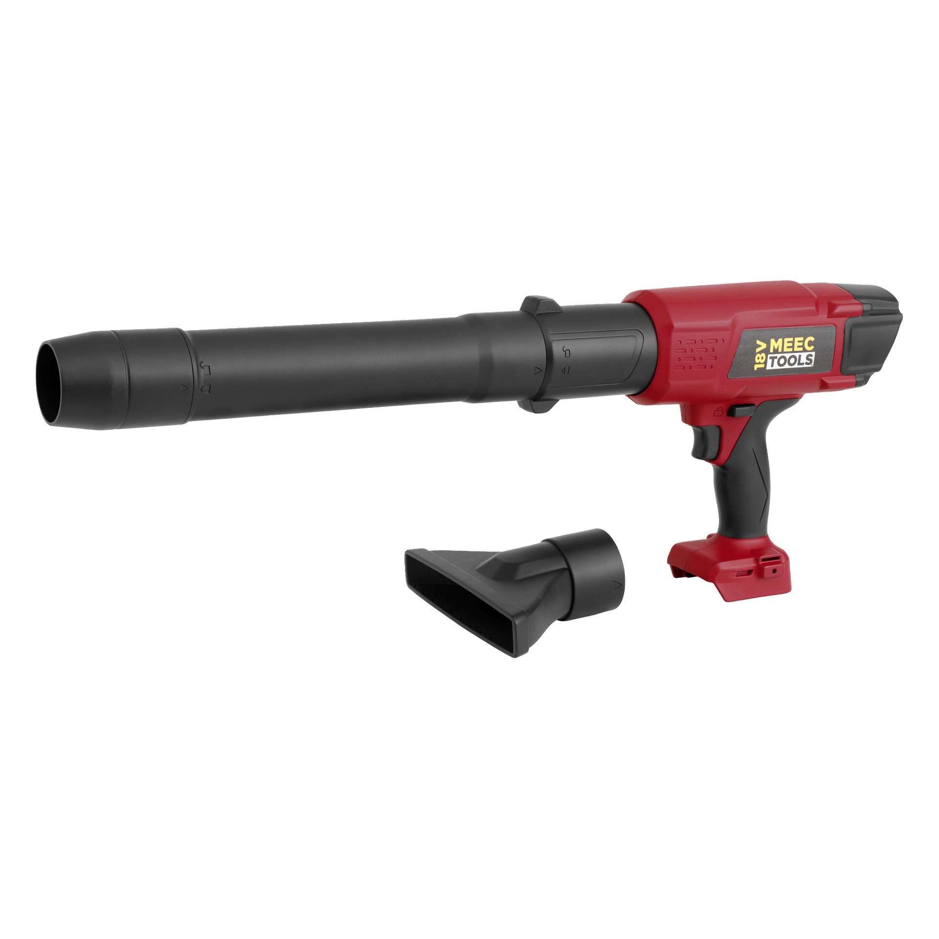En röd och svart handhållen lövblås med ett långt munstycke, ett separat platt fäste framtill, ett avtryckarhandtag och Meec Tools-logotypen på sidan.