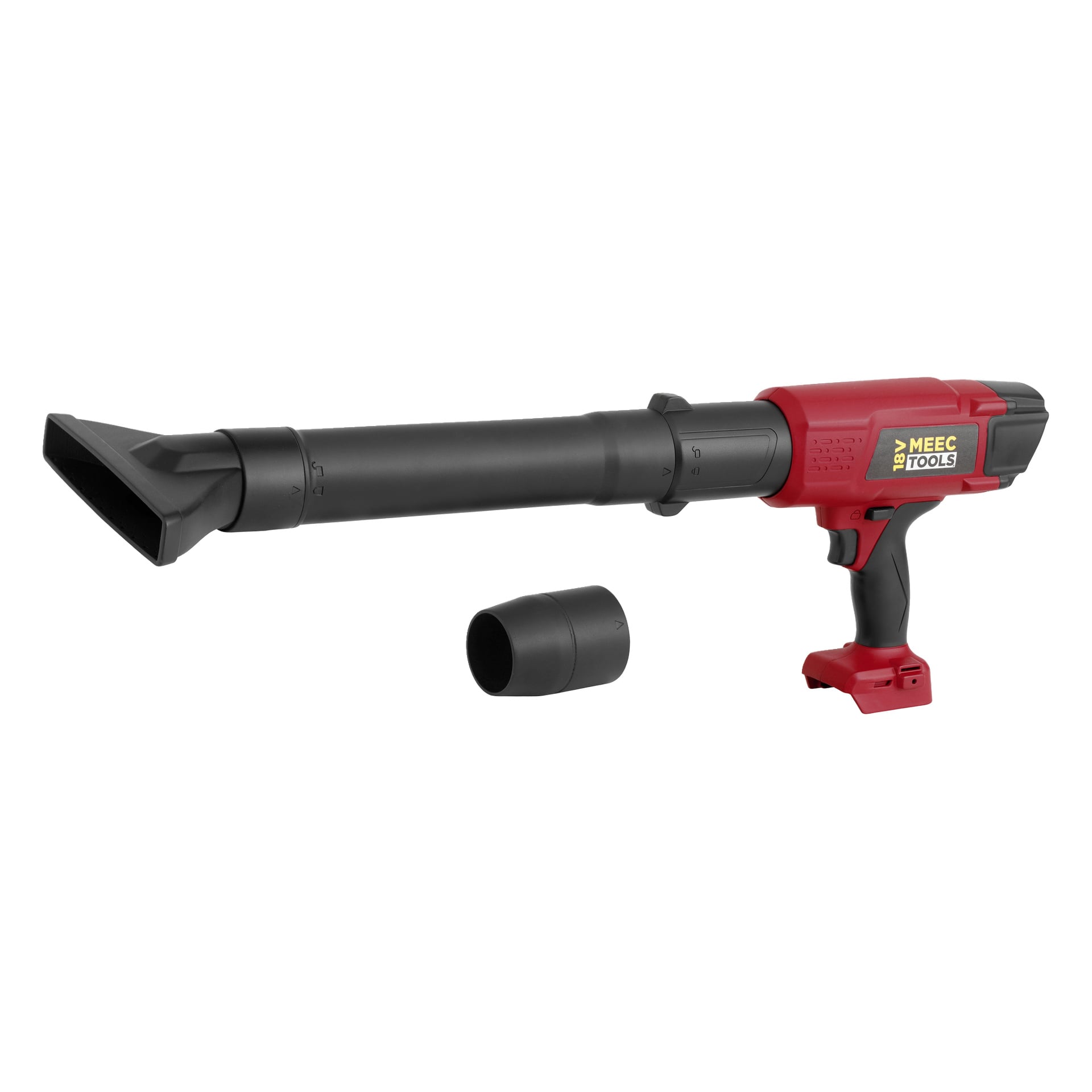 Sladdlös luftfläkt med en röd och svart MEEC TOOLS-kropp, långt munstycke monterat och ett extra kort munstycke i närheten.