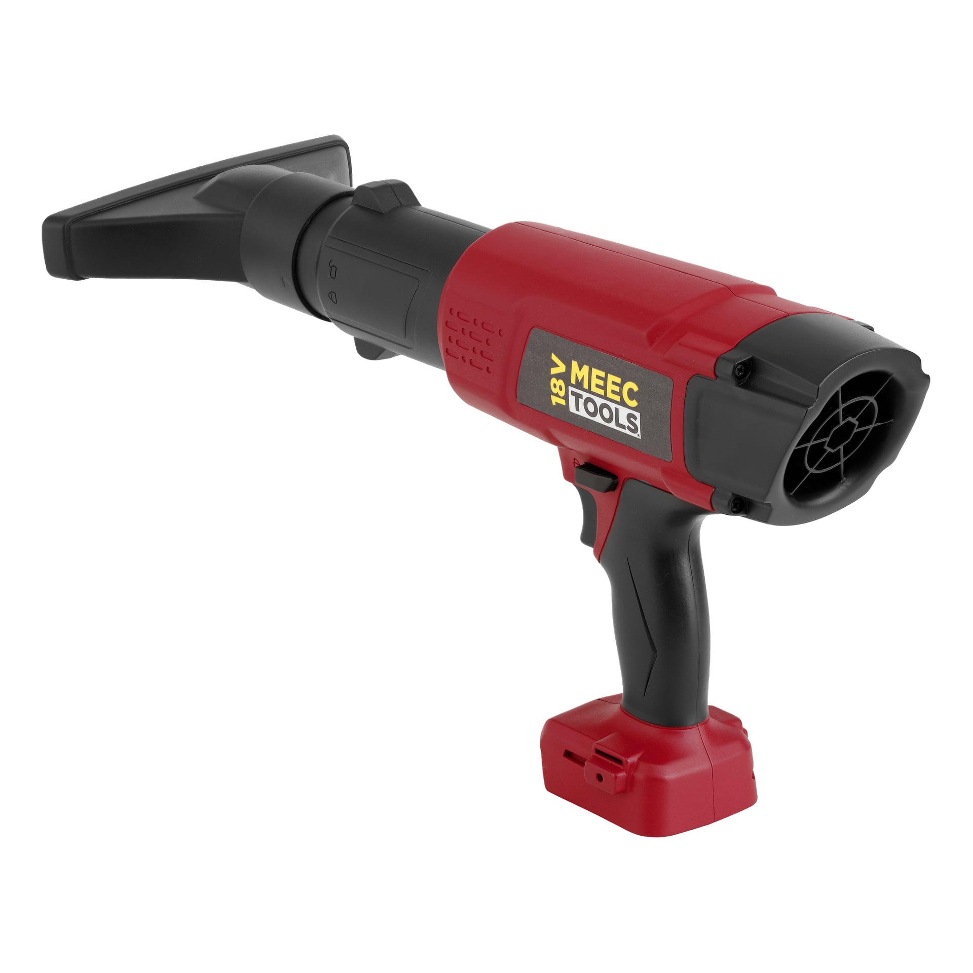 En röd och svart MEEC TOOLS 18V handhållen lövblåsare med ett svart munstycke; Handtagets batterifack är tomt.