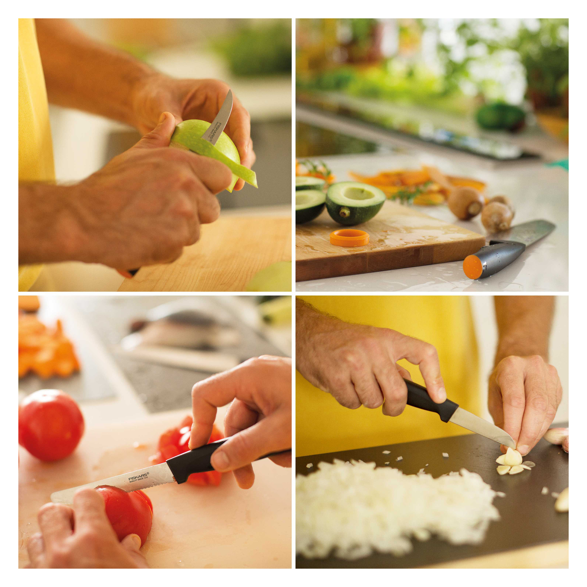 Vier Bilder zeigen Hände, wie sie mit einem kleinen Küchenmesser einen Apfel schälen, Tomatenscheiben schneiden, Knoblauch schneiden und Zucchini auf einem Schneidebrett schneiden.